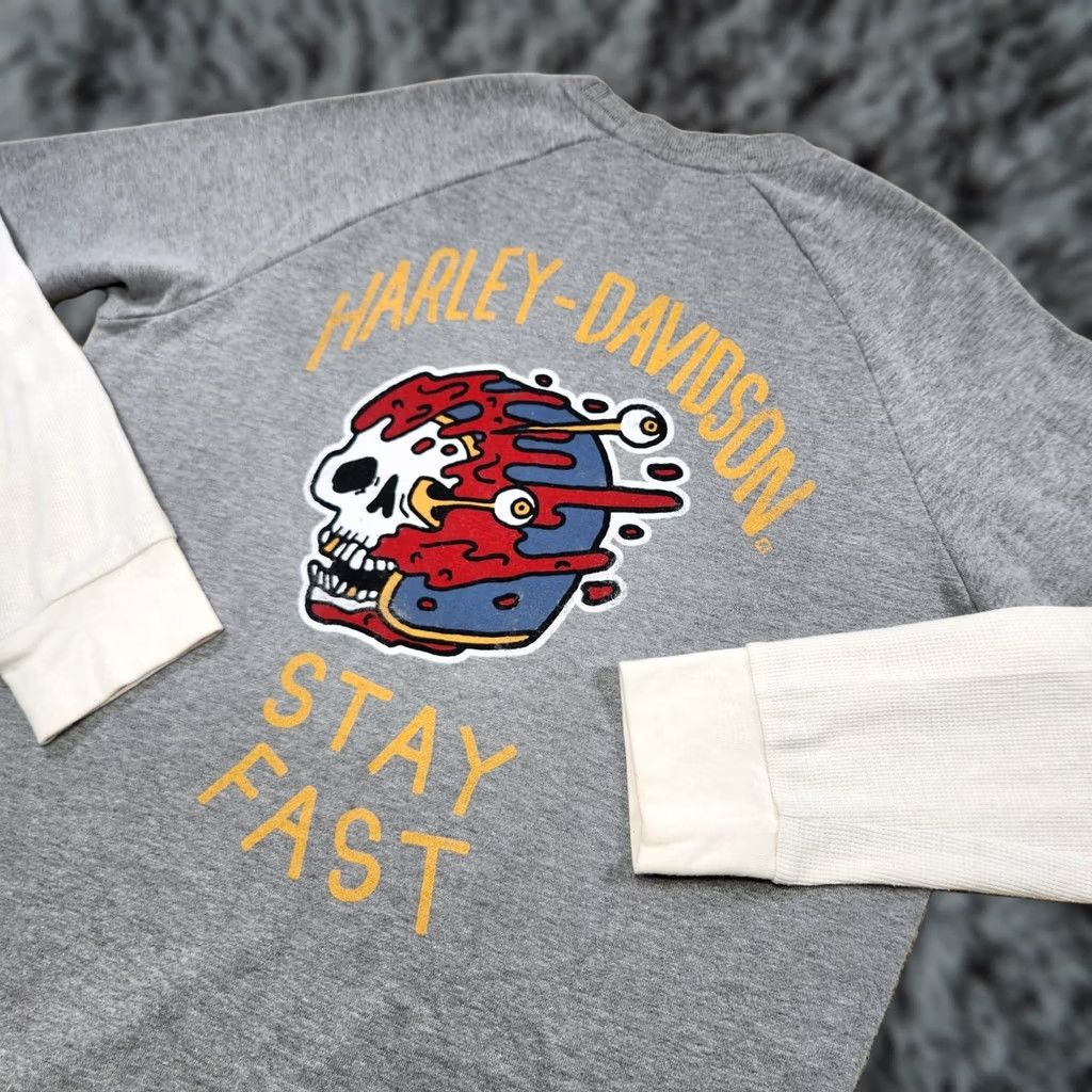 Harley Davidson Harley-Davidson Sweatshirt Men Medium Slim Fit Thermal Sleeve Raglan Skull Gray Shirt Pullover Graphic Print Fire 90s Motorcycle Mens Size US M / EU 48-50 / 2 - 1 Thumbnail