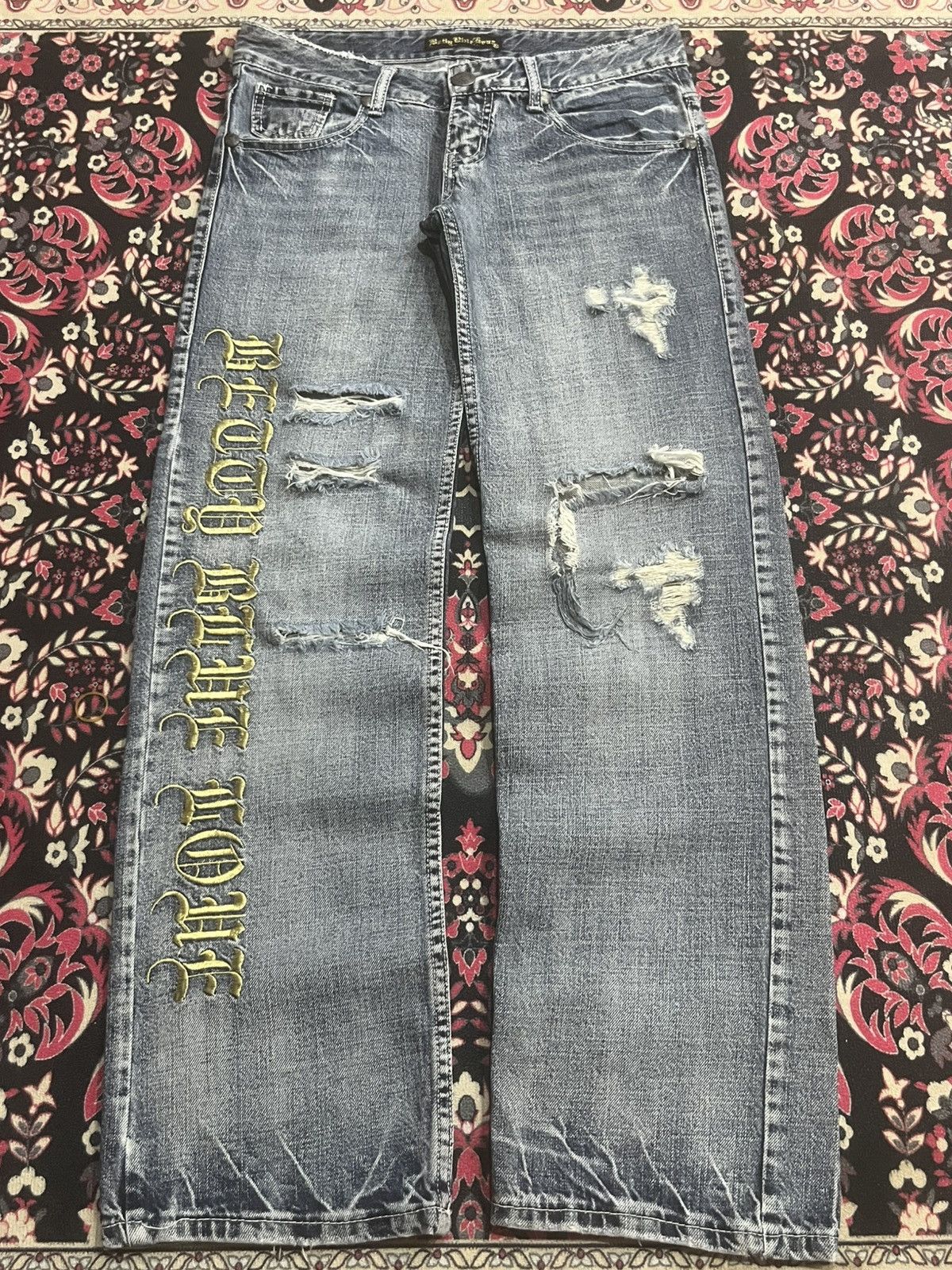 Hysteric Glamour Betty Blue Love Big Slogan Distressed Blue Cracked Jeans Size 30" / US 8 / IT 44 - 1 Thumbnail