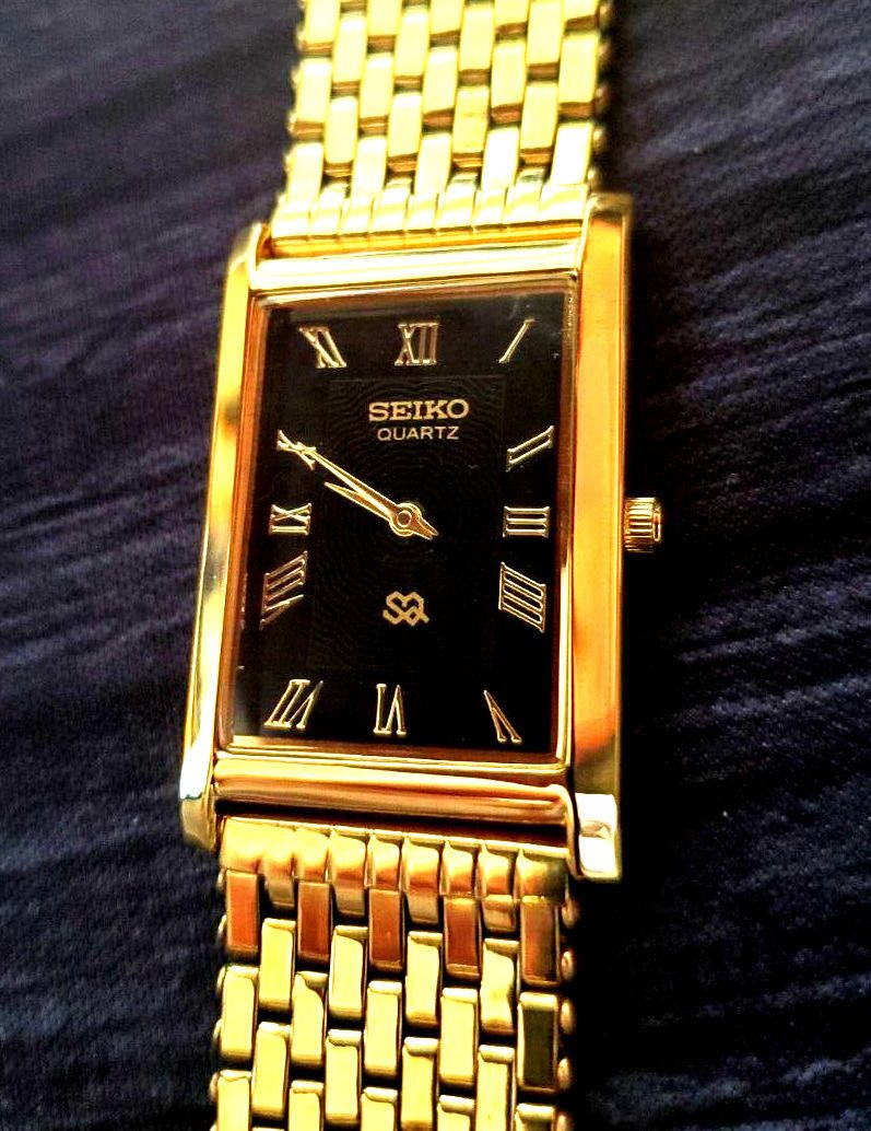 image of Seiko Milanese Band Mens Blk Gld Tank Watch New Mvt & Batt in Gold