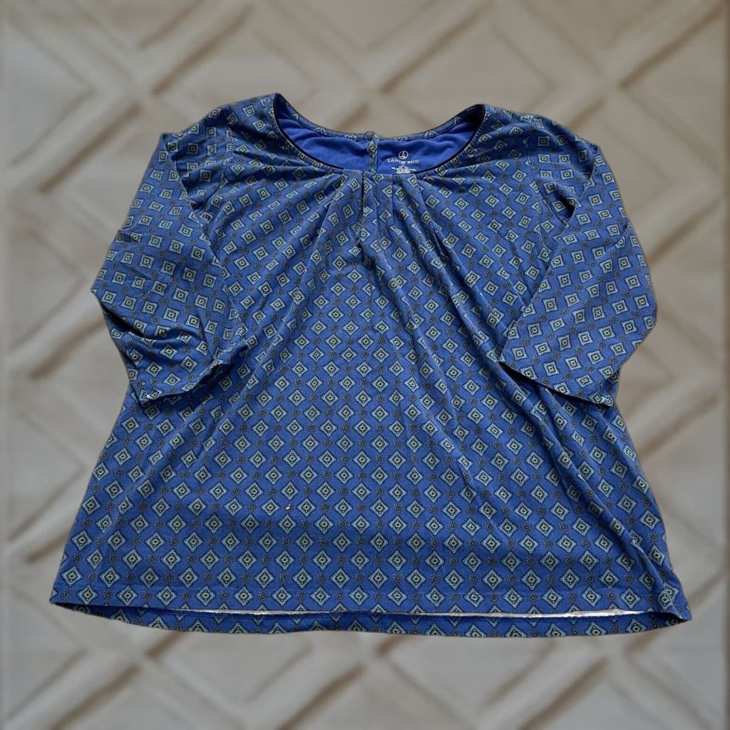 Lands' End VINTAGE? (No) Lands' End Blouse Womens XL Blue Long Sleeve Geometric Pleated Round Neck Casual Size XL / US 12-14 / IT 48-50 - 1 Thumbnail