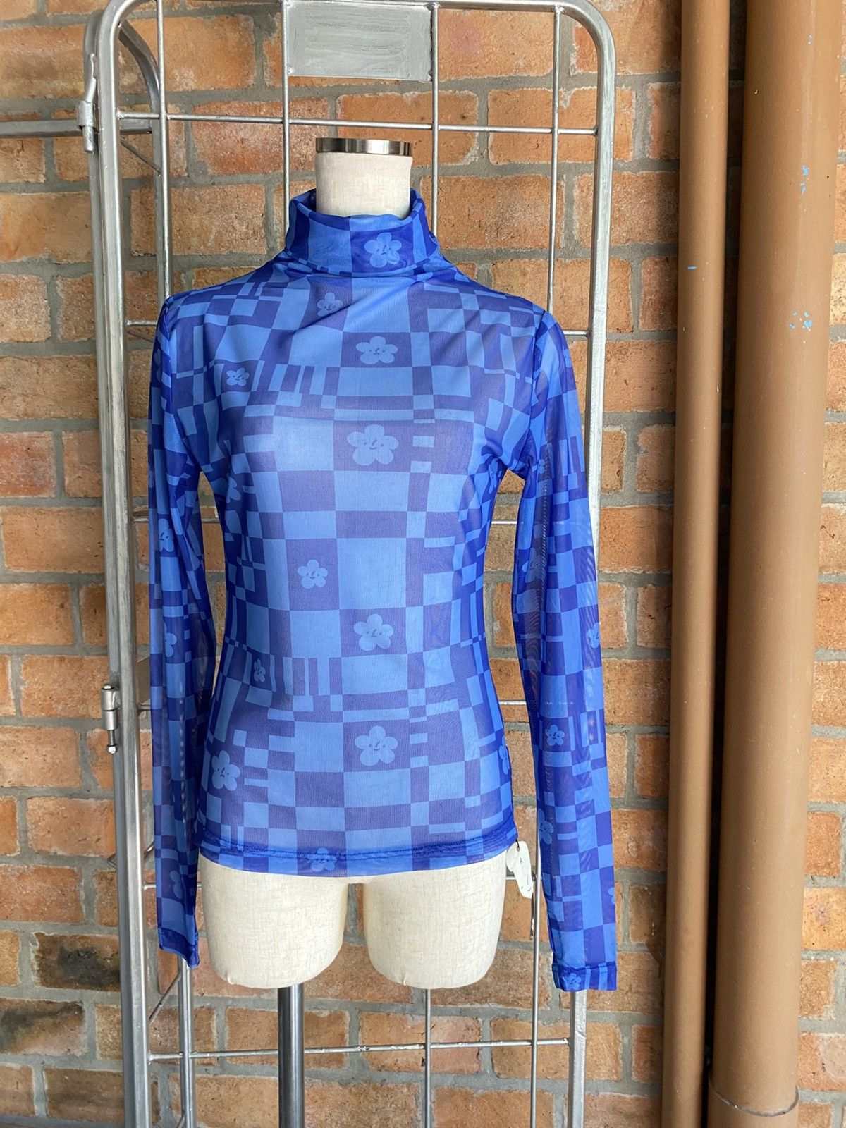 Japanese Brand Blue Sheer Checkered Floral Turtleneck Top Size S / US 4 / IT 40 - 1 Thumbnail