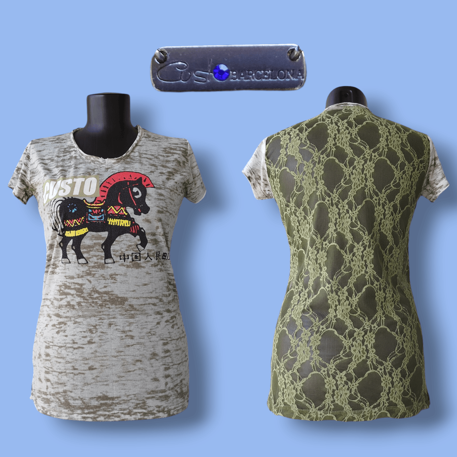 Custo Barcelona Top Short Sleeve Trojan Horse Lace Back Vintage Y2K Size 3/L Size L / US 10 / IT 46 - 1 Thumbnail