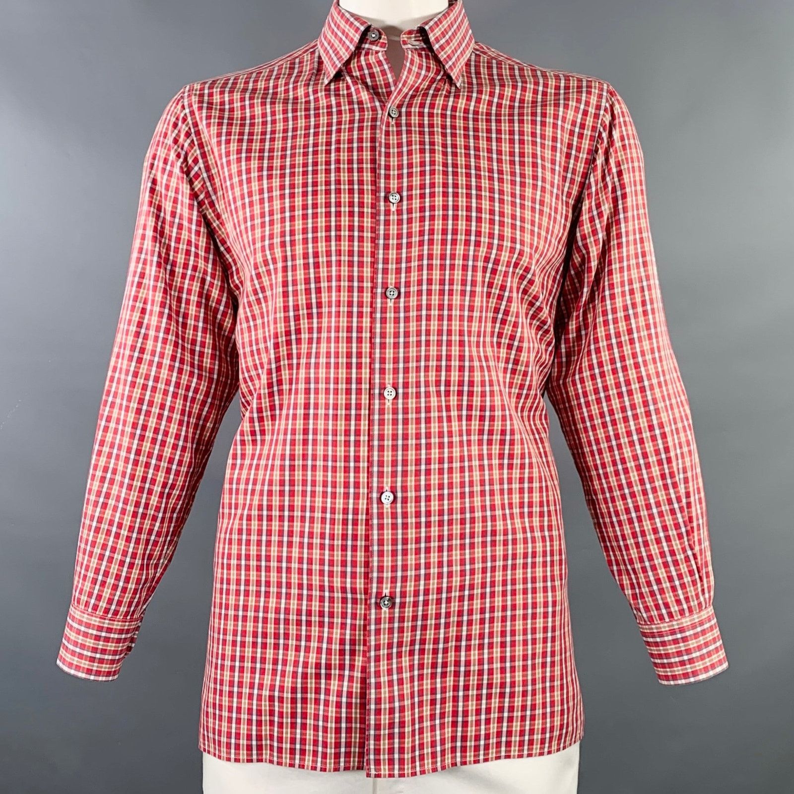 Ermenegildo Zegna ERMENEGILDO ZEGNA Red Brown Plaid Cotton Curved Cutaway Size US L / EU 52-54 / 3 - 1 Thumbnail