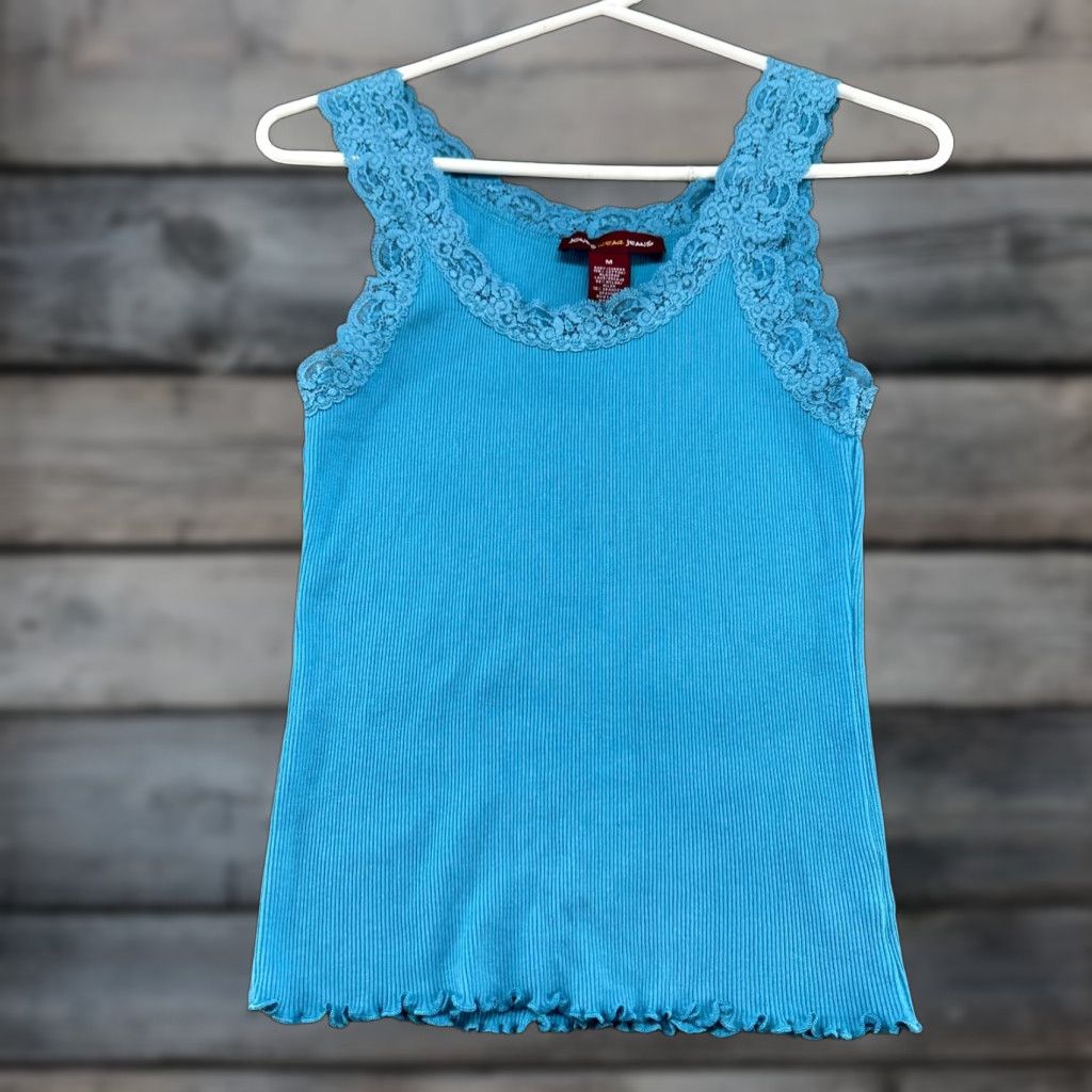 Jones New York VINTAGE Jones Wear Top Womens M Blue Knit Cotton Sleeveless Cami Tank Ribbed Lace Shirt Camisole 90s Dog Funny Size M / US 6-8 / IT 42-44 - 1 Thumbnail