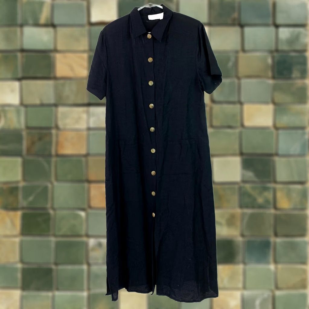 Vintage VINTAGE Just Be by Moka Maxi Shirt Dress Black 90s Linen Blend Button Up Short Sleeve M Size Womens Size M / US 6-8 / IT 42-44 - 1 Thumbnail