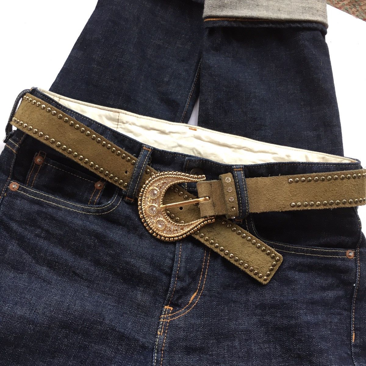 If Six Was Nine × Japanese Brand × Le Grande Bleu (L.G.B.) Green suede studded belt Size ONE SIZE - 1 Thumbnail