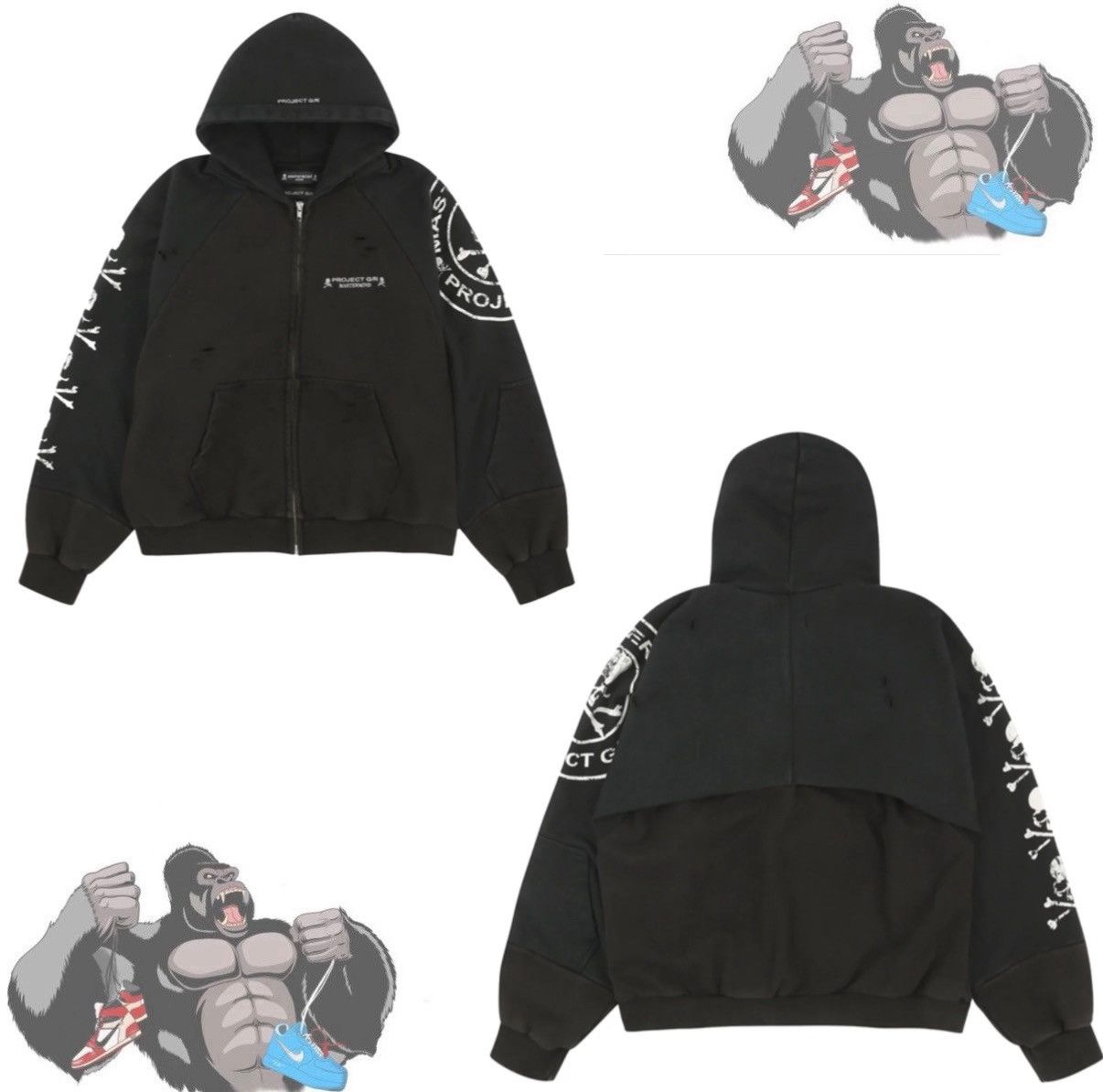 PROJECT G/R Project GR RECONSTRUCTED FOLDED ZIP HOODIE - Black