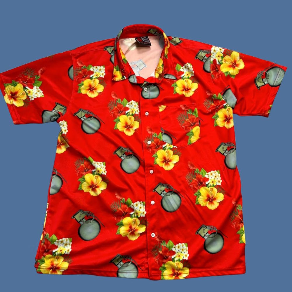 Vintage OAF Nation Shirt Mens 2XL Red Floral Hawaiian Grenade USA Button Up Size US XXL / EU 58 / 5 - 1 Thumbnail