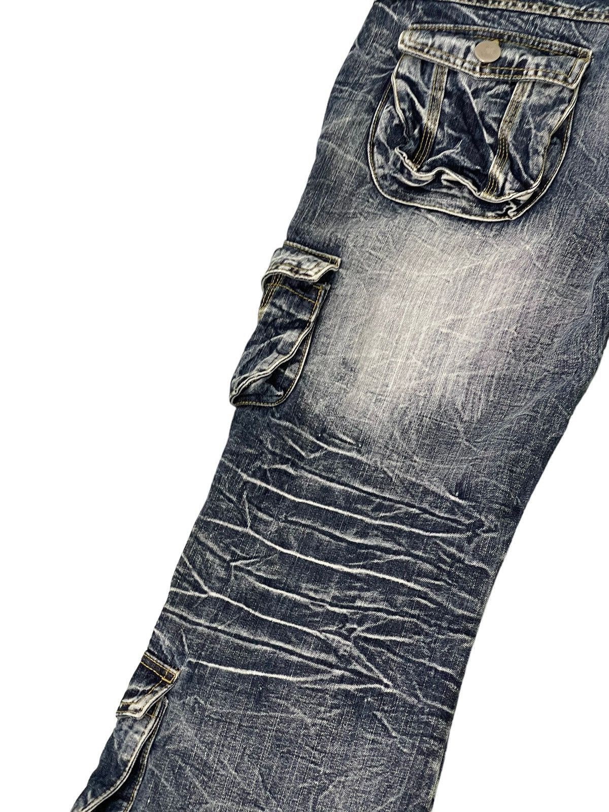 Japanese Brand Flare Jeans Cargo Topism Distress Acid Wash Boot Cut 7🟦4 Size US 33 - 17 Thumbnail