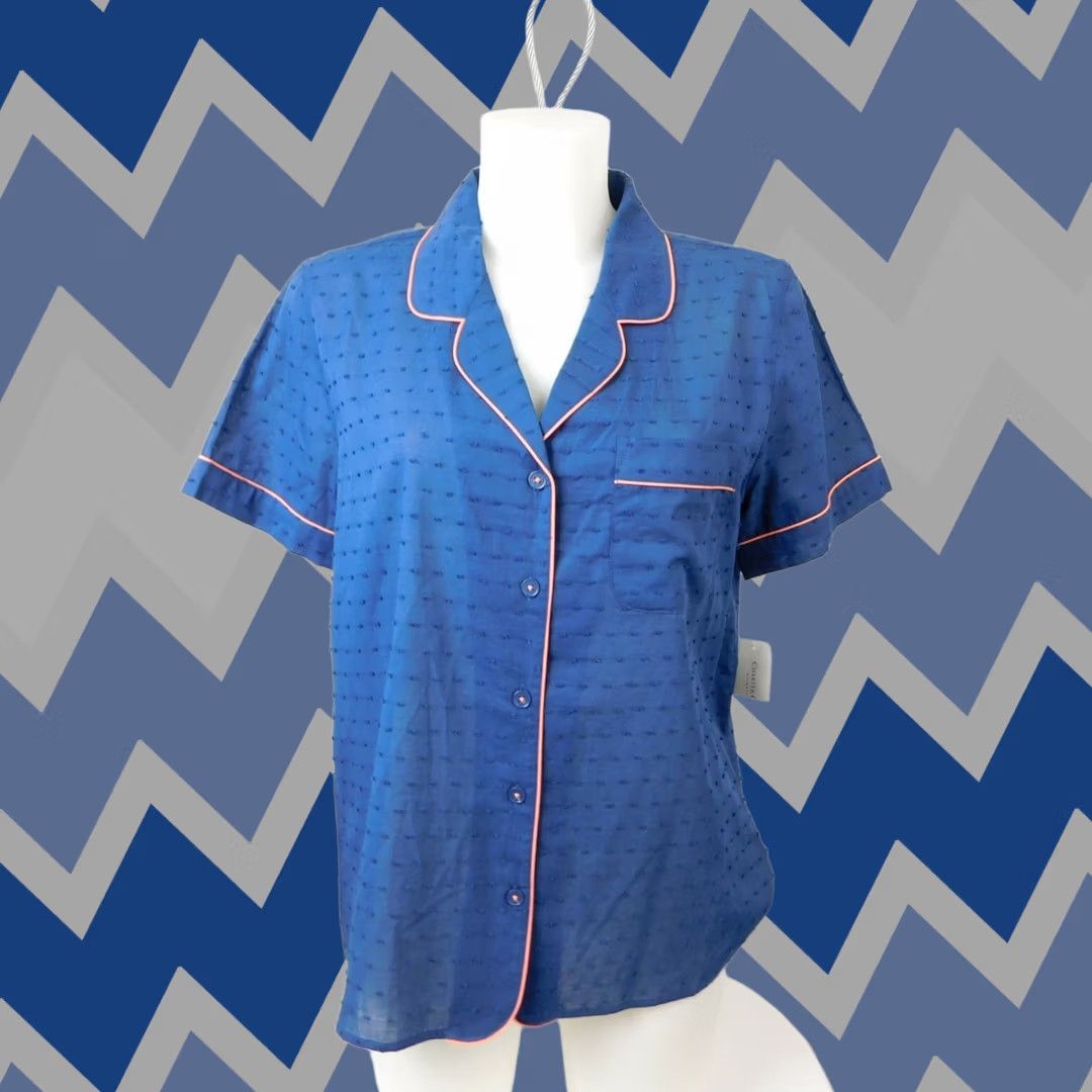 Charter Club Charter Club Pajama Top Shirt Women 3XL Blue Cotton Woven Notch Collar Button Short Sleeve Vintage: No Size XXL / US 16-18 / IT 52-54 - 1 Thumbnail