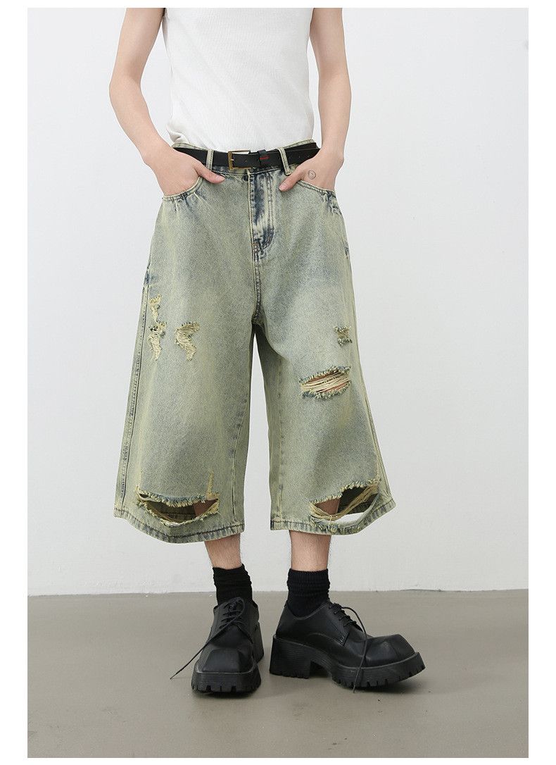 Japanese Brand × Jean Men's loose all-match straight retro ripped denim shorts Size US 32 / EU 48 - 2 Thumbnail