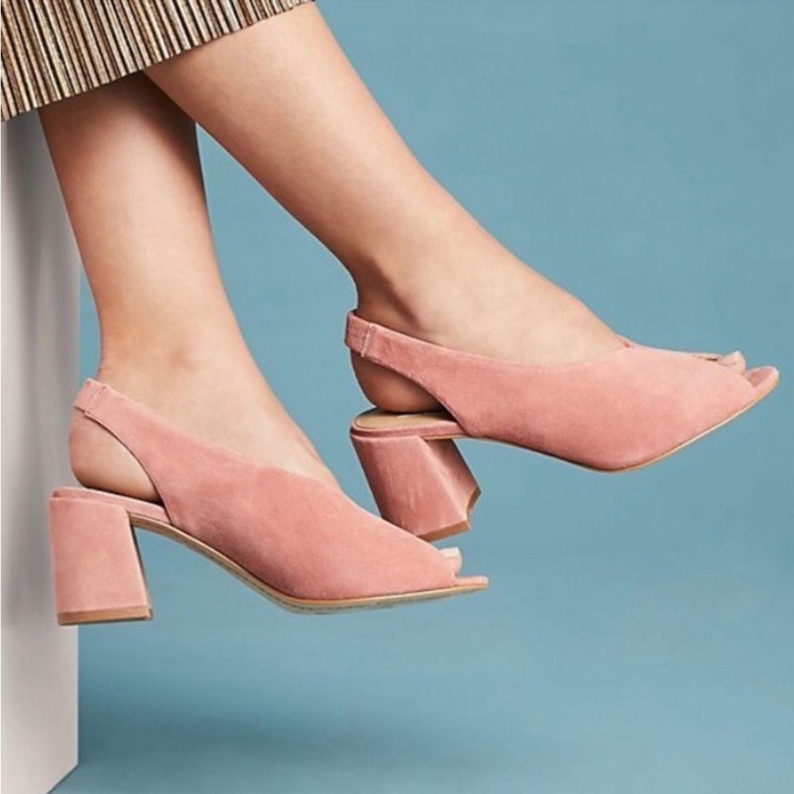 Anthropologie Anthropologie M4d3 Safi Suede Block Peep Toe Slingback Heels Size US 9 / IT 39 - 1 Thumbnail