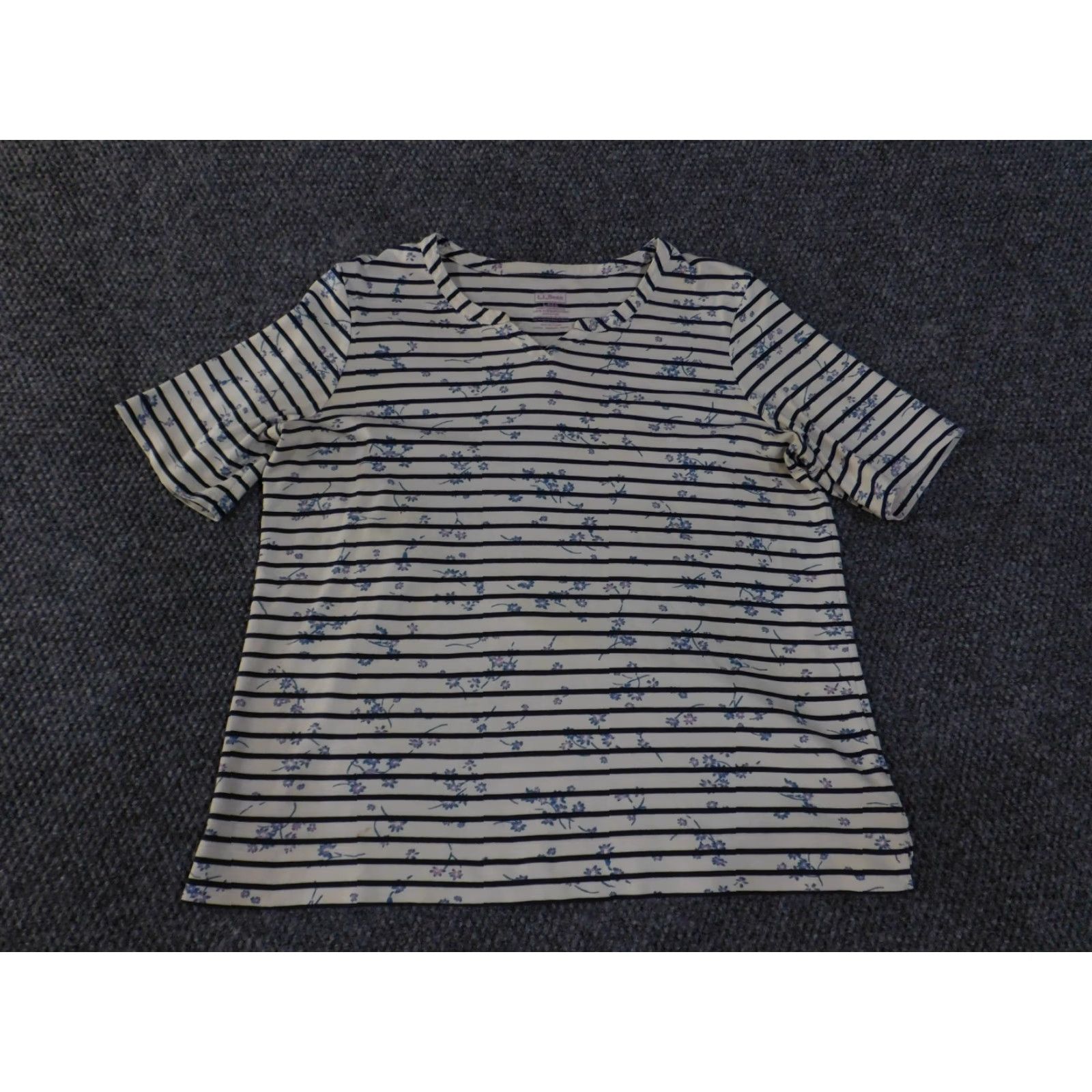 Vintage LL Bean Blouse Womens Large White Navy Floral Striped Supima Pullover Size L / US 10 / IT 46 - 2 Thumbnail