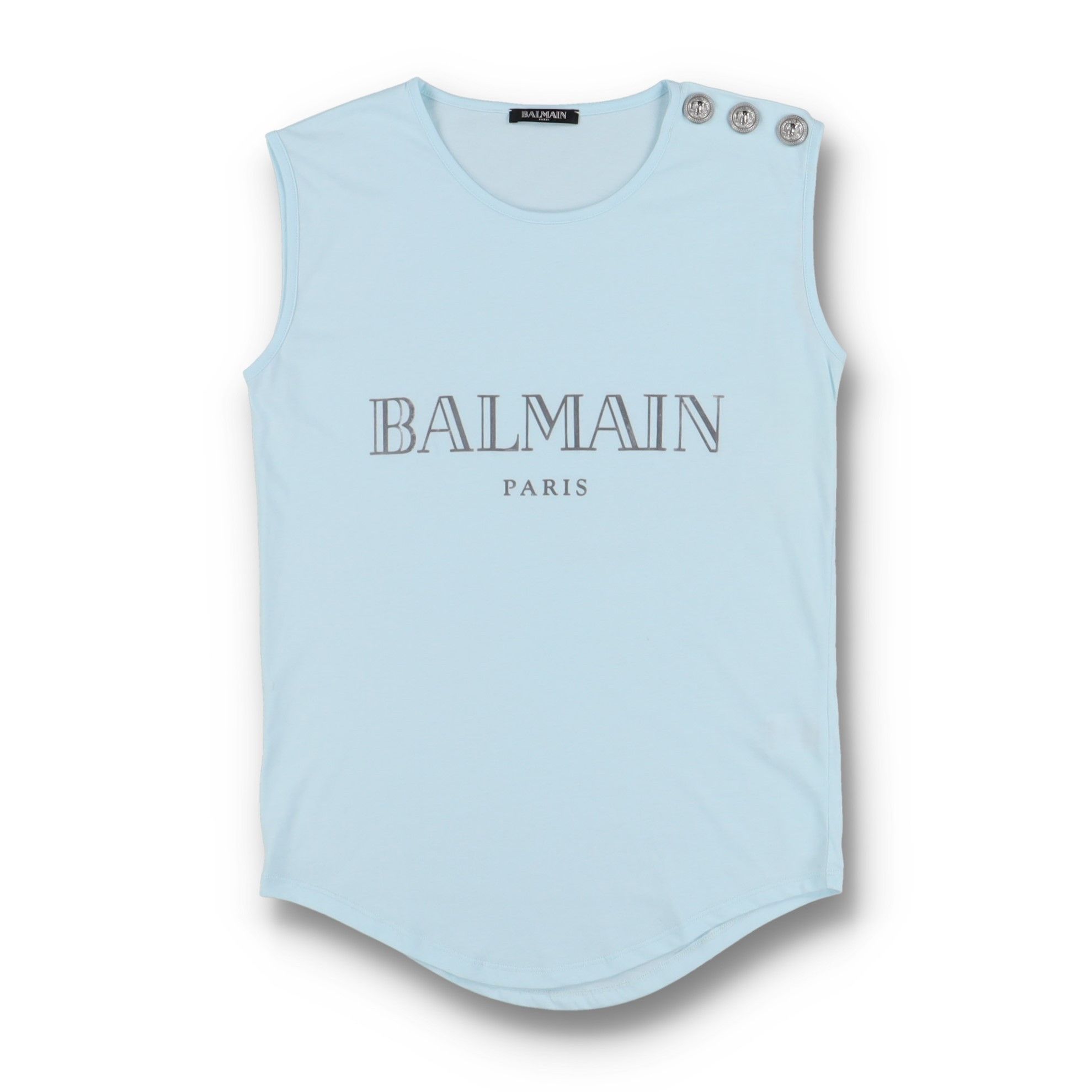 Balmain Baby Blue Metallic Silver Logo Lion Buttons Tank Top Size XS / US 0-2 / IT 36-38 - 1 Thumbnail