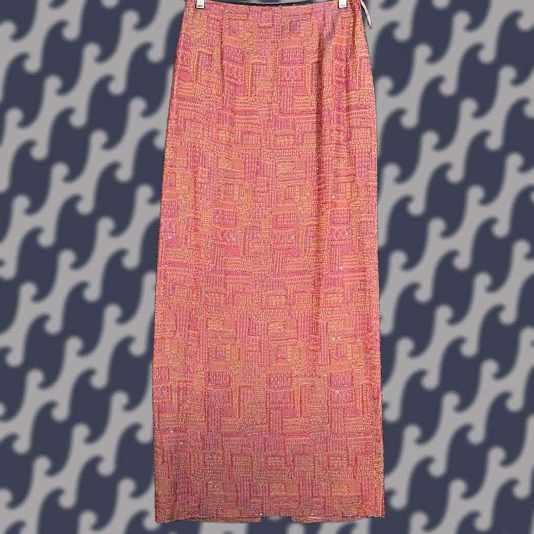 Vintage Carmen Marc Valvo Pink Beaded Maxi Skirt Geometric Embroidered Silk Blend Sz 10 Tall Streetwear? Size 32" / US 10 / IT 46 - 1 Thumbnail