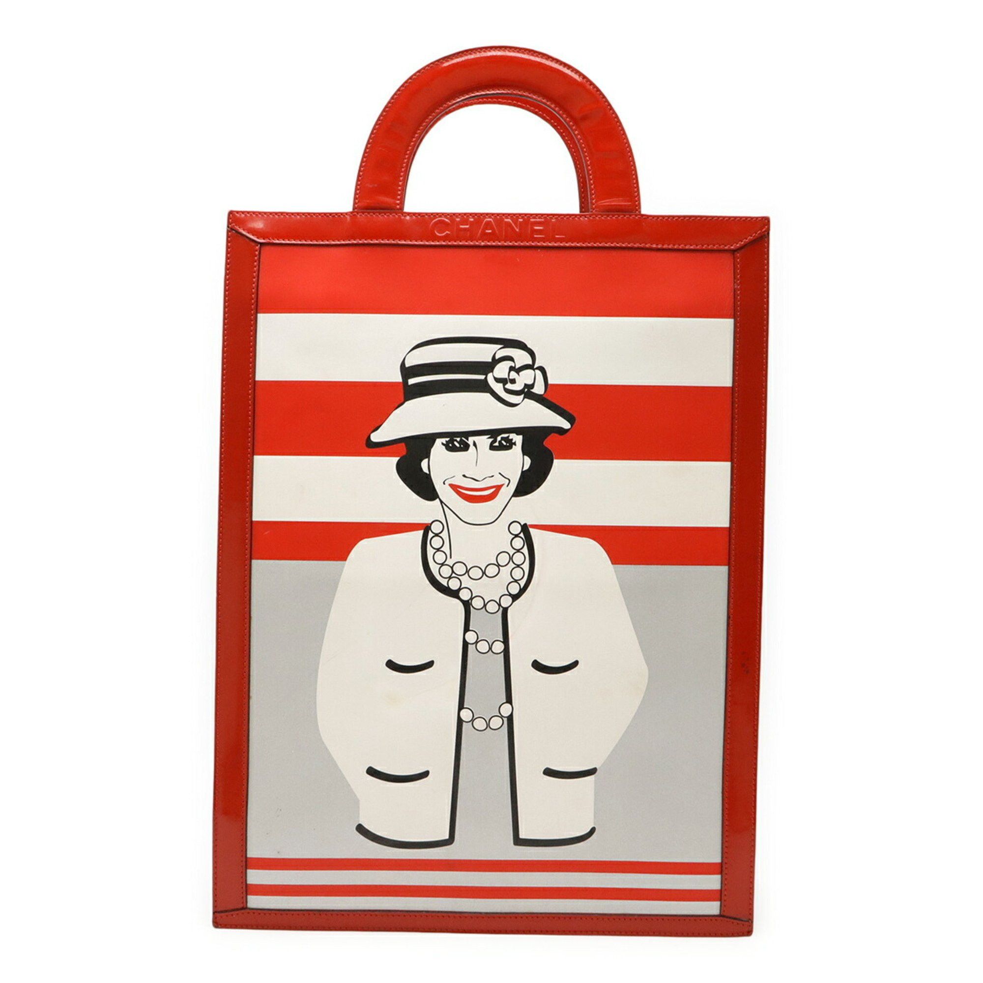 CHANEL Coco Chanel Mademoiselle Tote Bag Handbag Patent Leather Red Silver White
