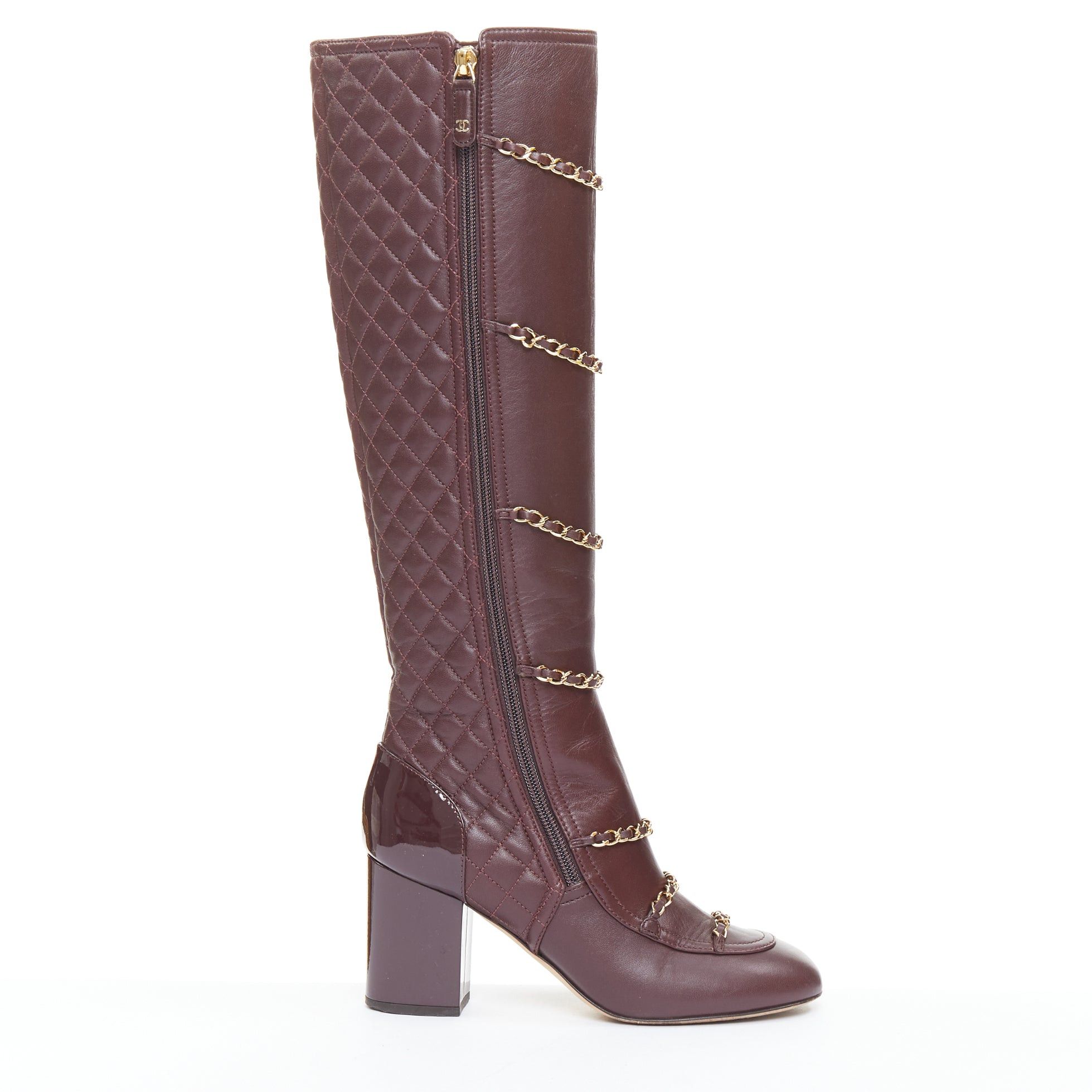 Chanel CHANEL 2017 Karl Lagerfeld burgundy lambskin leather gold chain diamond quilted boots EU36.5 Size US 6.5 / IT 36.5 - 1 Thumbnail
