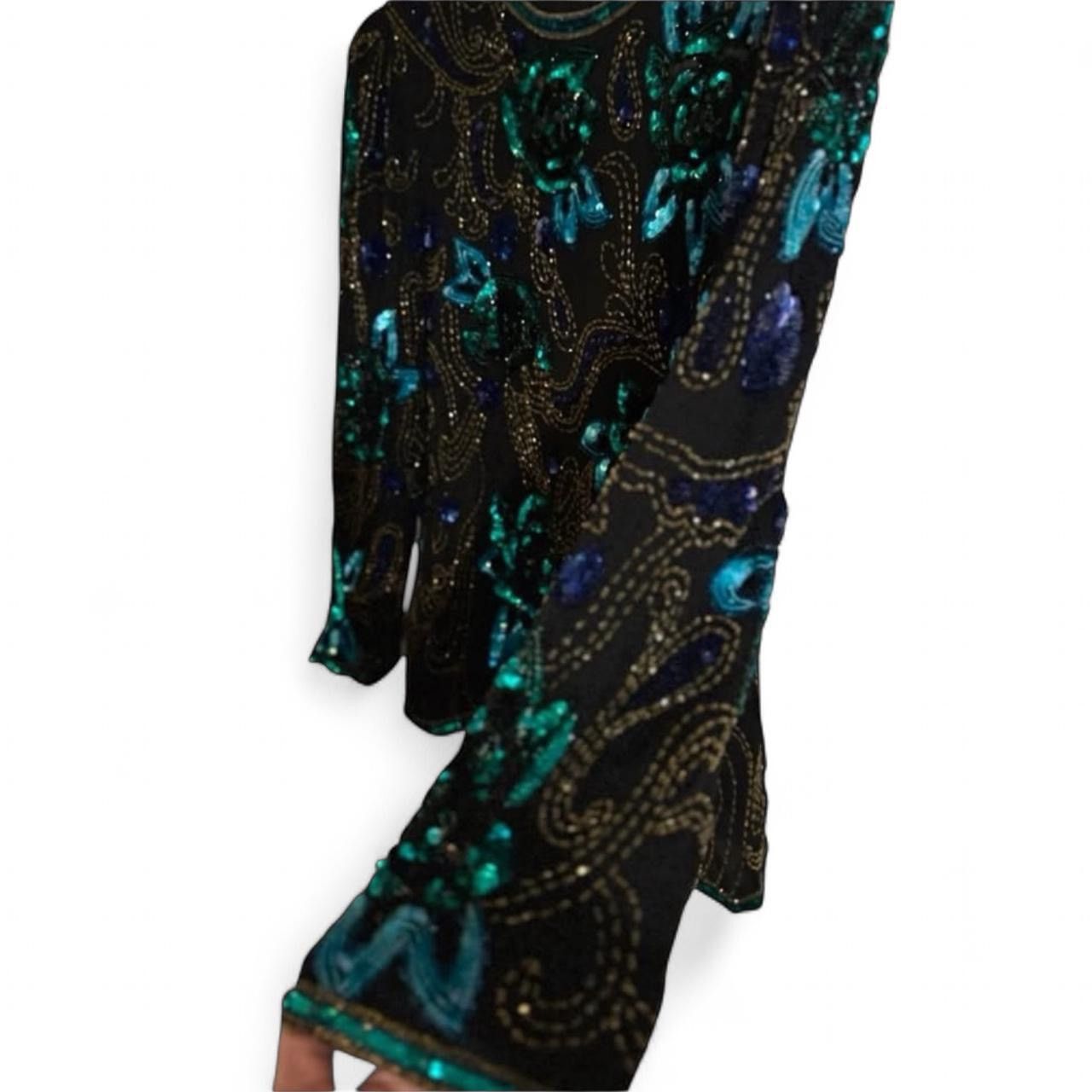 Other SCALA 80s Black Teal Silk Beads Sequins Floral Formal Blouse Size XL / US 12-14 / IT 48-50 - 4 Thumbnail