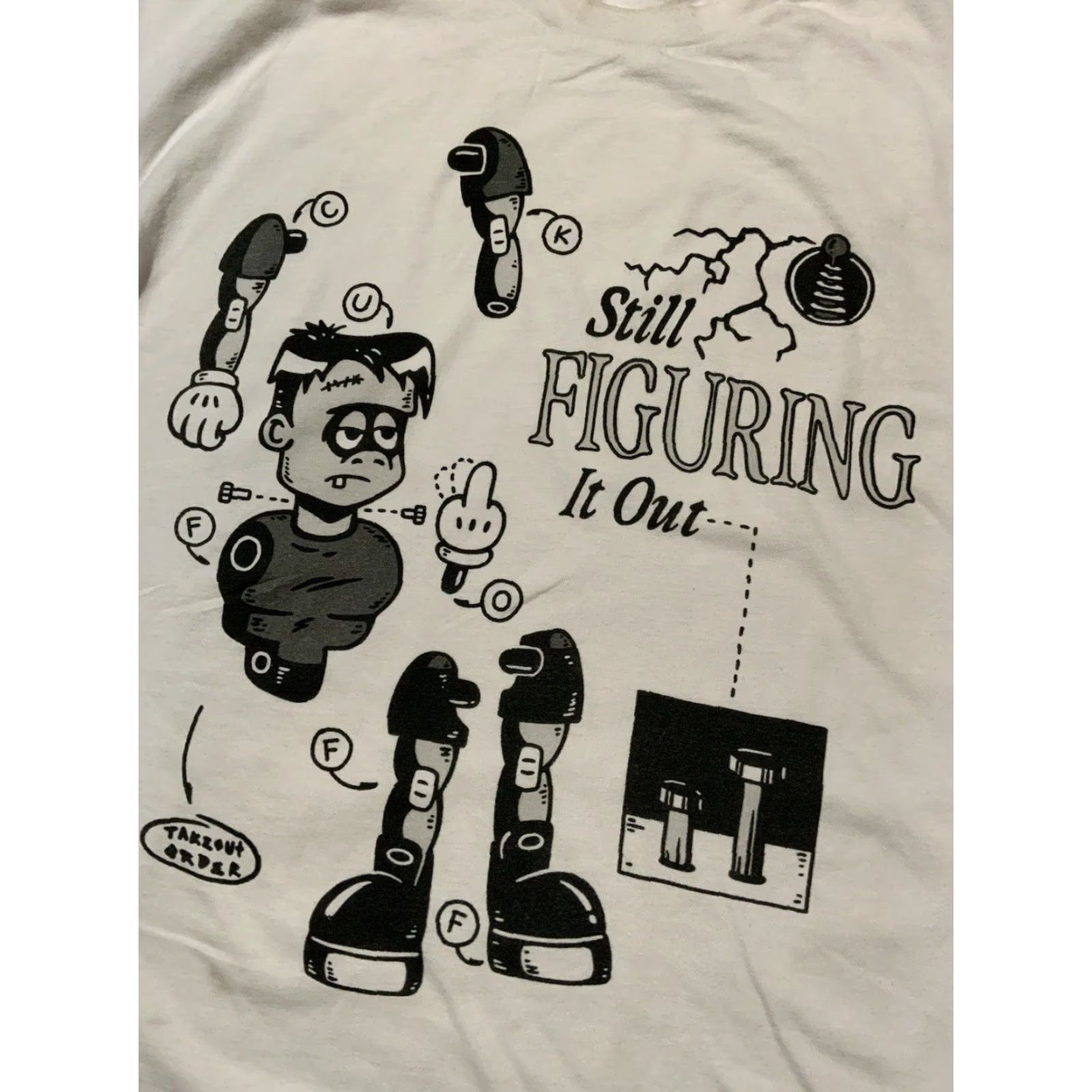 Vintage VINTAGE Lost In Los Angeles Frankenstein Still Figuring It Out Graphic S/S T-Shirt XL Mens White 50 Chest 30 Shoulder to Hem Size US XL / EU 56 / 4 - 2 Thumbnail