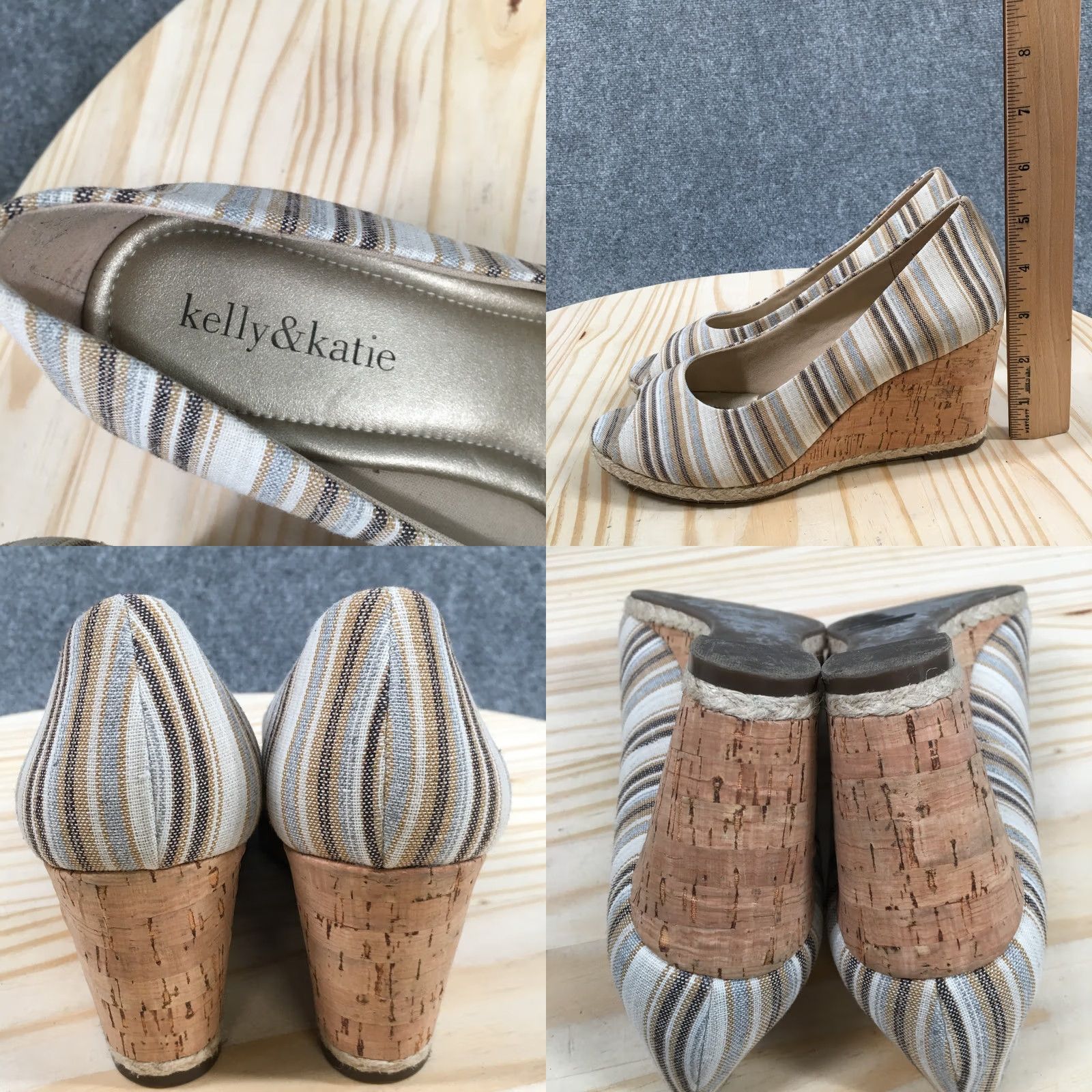 Vintage Kelly & Katie Sandal Womens 7 Brown Peep Toe Slip On Wedge Heels Casual Canvas Shoes Size US 7 / IT 37 - 8 Thumbnail