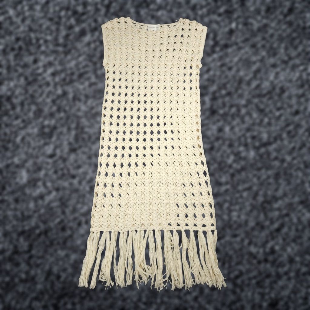 Vintage Eleven Six Shaya Crochet Dress Womens XS/S Ivory Cotton Knit Tassels Dress Long Sleeveless Round Neck Pullover Casual Party/Cocktail Size XS / US 0-2 / IT 36-38 - 1 Thumbnail