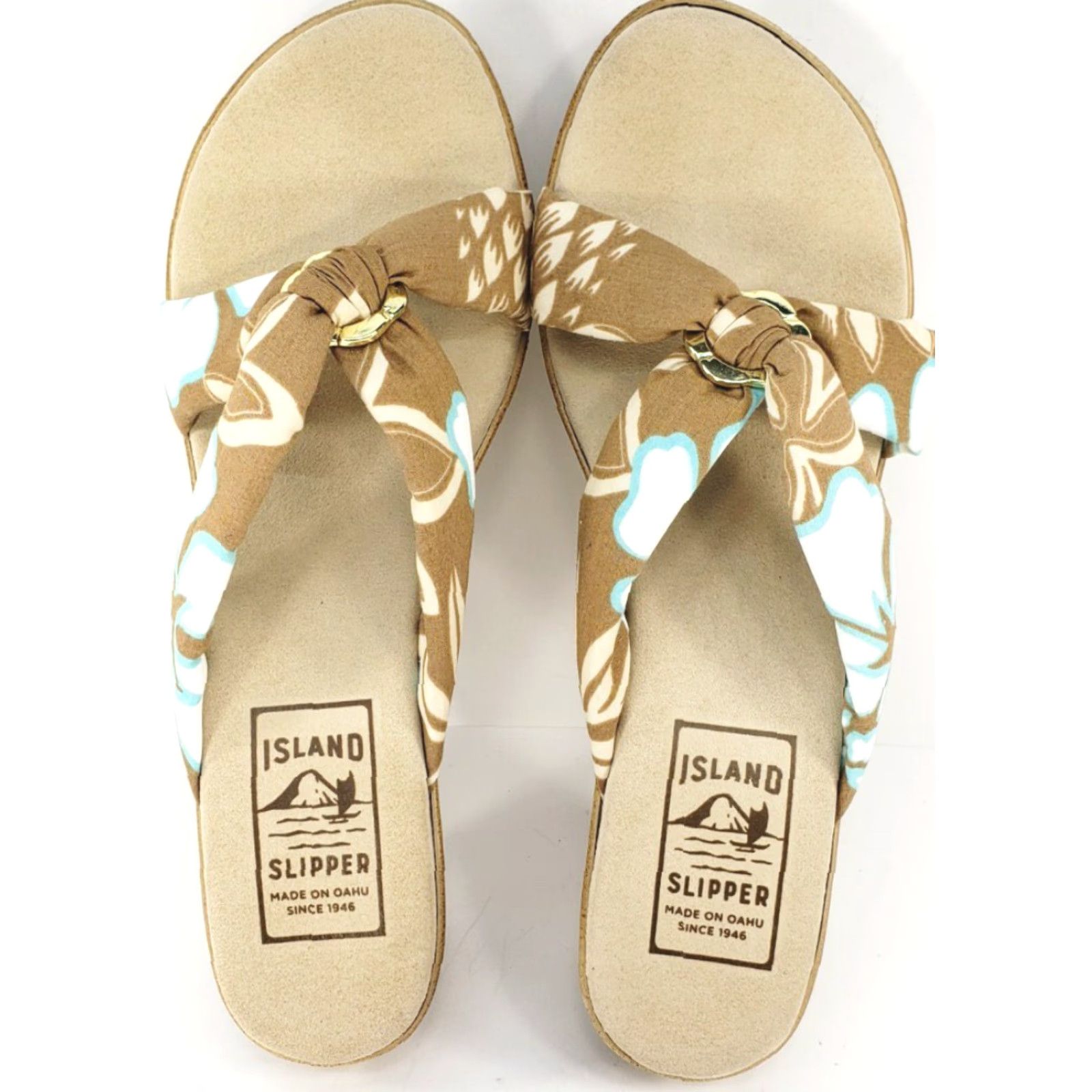 Vintage Island Slipper Sandal Women's 10M Brown Blue White Tropical Floral Patterned Fabric Straps Slide Wedge Sandal Size US 10 / IT 40 - 6 Thumbnail