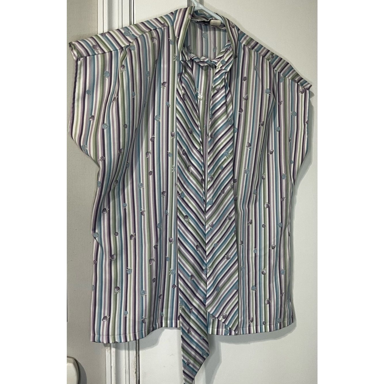 Vintage Vintage 70s Striped Purple Blue Top Berry Bow Blouse Large Size L / US 10 / IT 46 - 3 Thumbnail