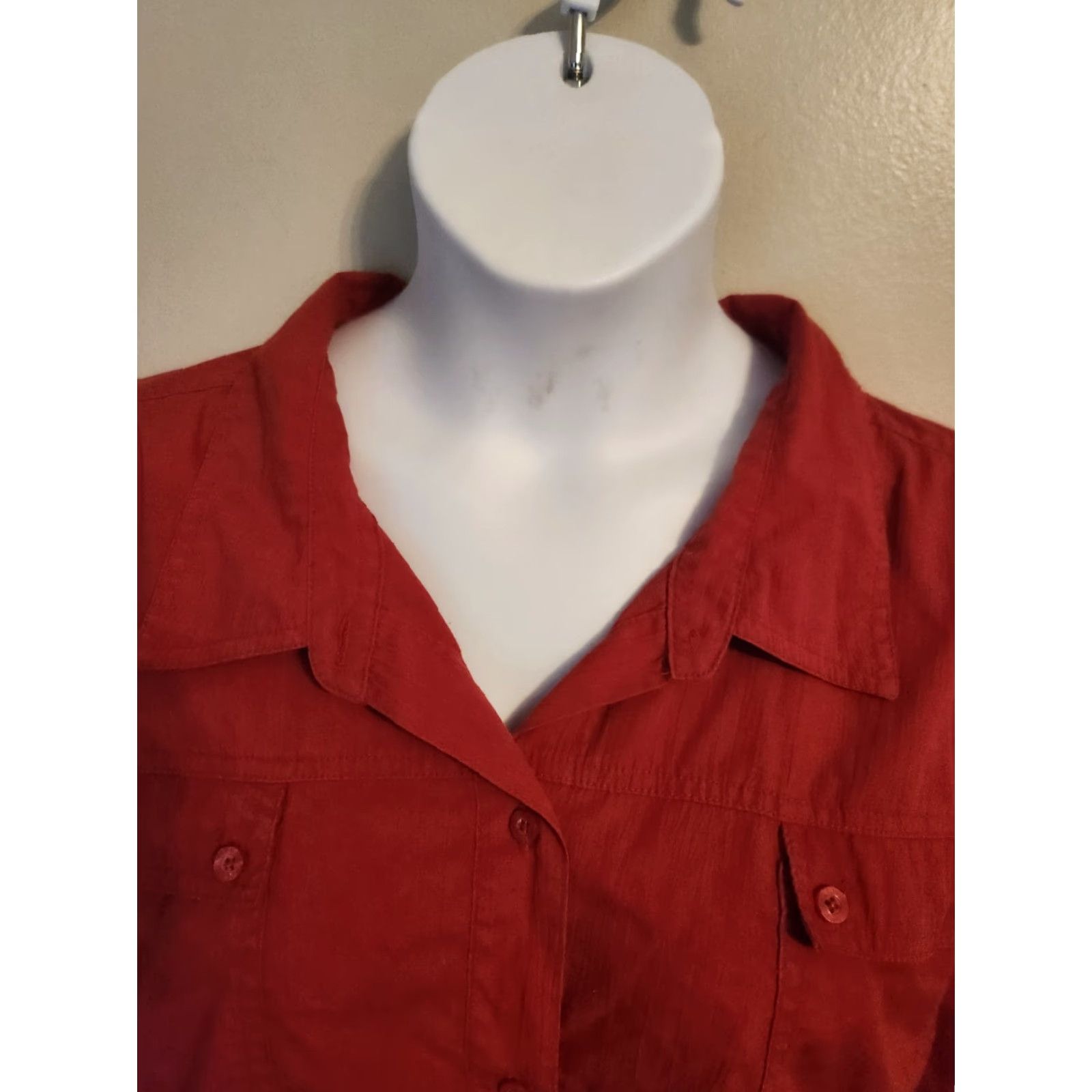 Vintage Liz & Me Red Long Sleeve Collared Button-Up Top Shirt 4X Plus Size Women Cotton Polyester Pockets Easy Care 30 32 Size XXL / US 16-18 / IT 52-54 - 2 Thumbnail