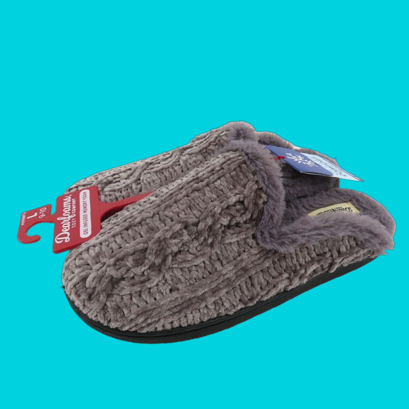 Vintage Dearfoams Slippers Women Large 9-10 Grey Chenille Cable Knit Faux Fur Slide NEW Memory Foam Slide Slippers Womens Medium? Size US 9 / IT 39 - 1 Thumbnail