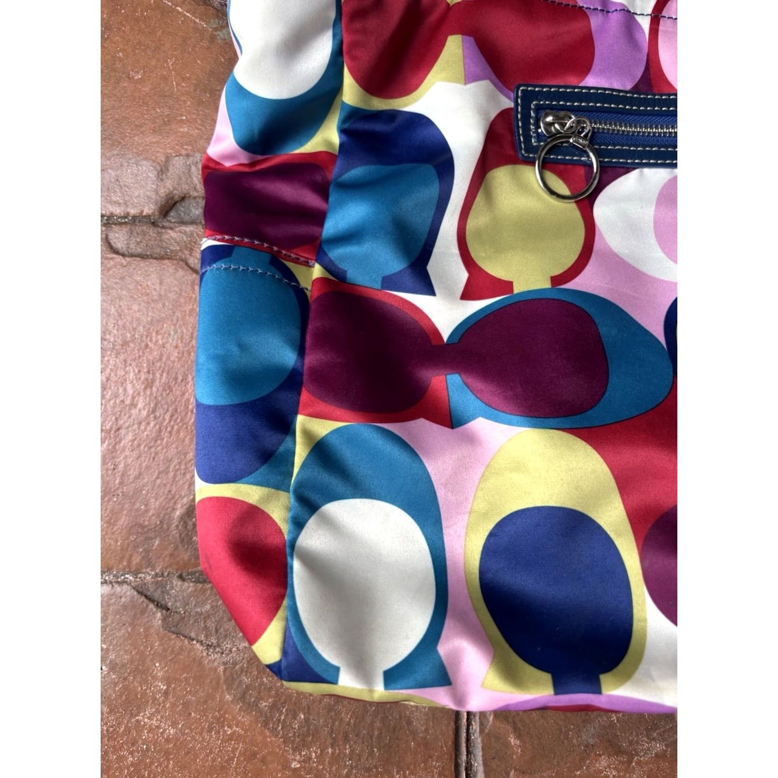 Coach Coach Poppy Signature Sateen Large Tote Shoulder Bag Scarf Print Bag Charm Multicolor Satin Leather Blue Handles Womens Shoulder Bag Medium Size ONE SIZE - 2 Thumbnail