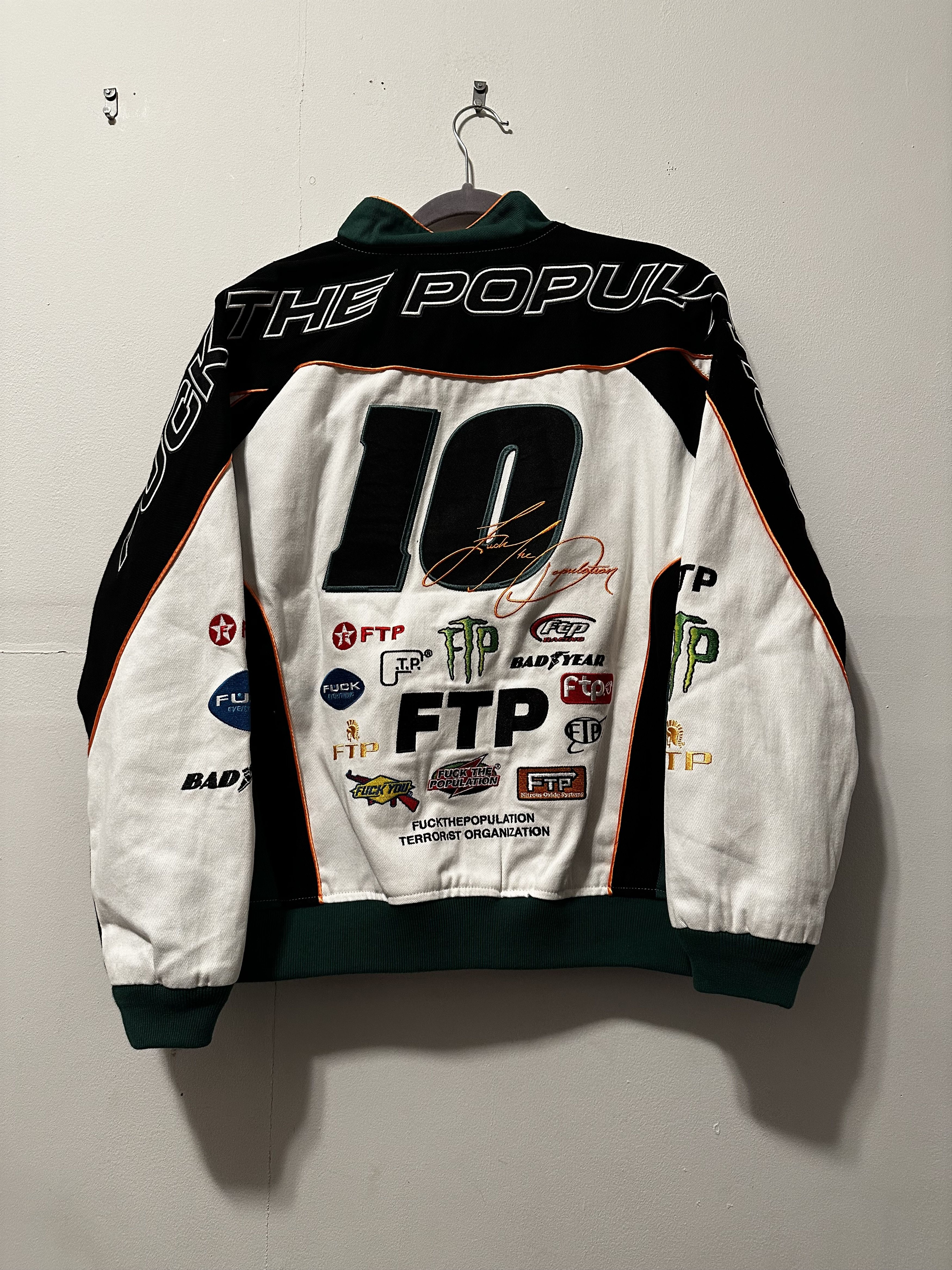image of Fuck The Population Ftp Pit Crew Jacket in White/Green, Men's (Size Large)