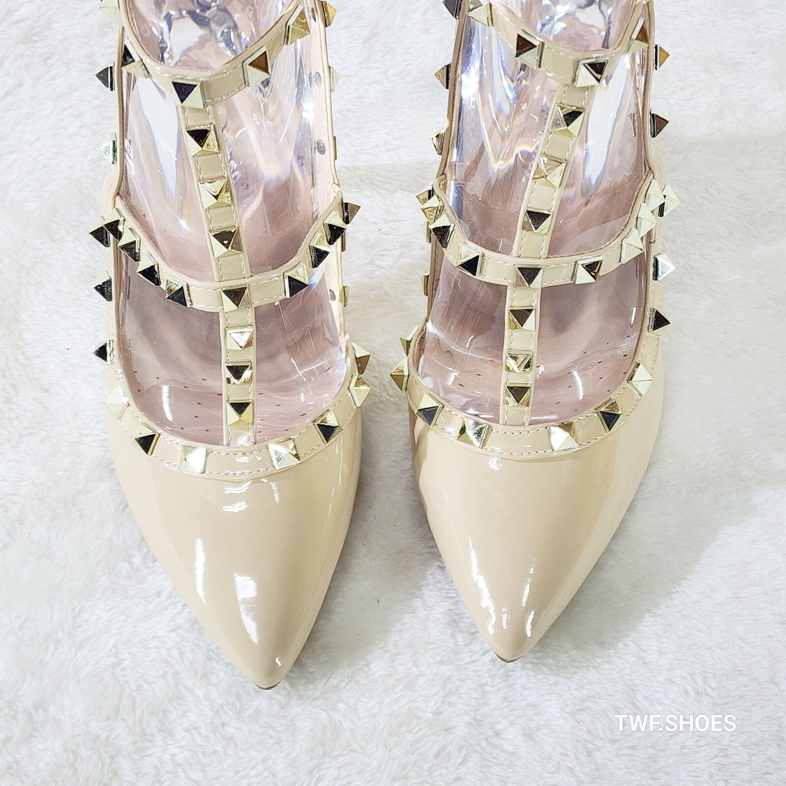 Other Caged Nude Cream Patent Studded Strappy Stiletto High Heel S Size US 6.5 / IT 36.5 - 3 Thumbnail