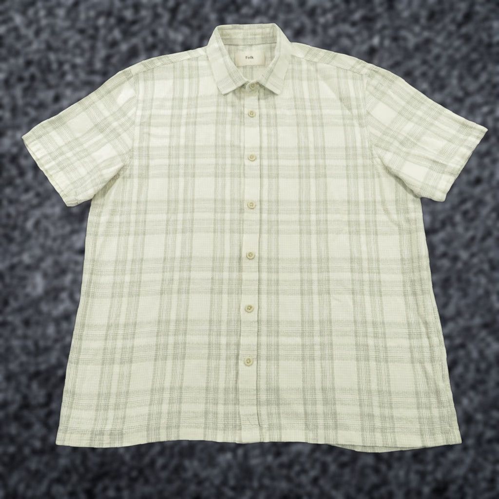 Folk Folk Shirt Mens Large Beige Raw Linen Blend Short Sleeve Button Up Plaid Check Size US L / EU 52-54 / 3 - 1 Thumbnail
