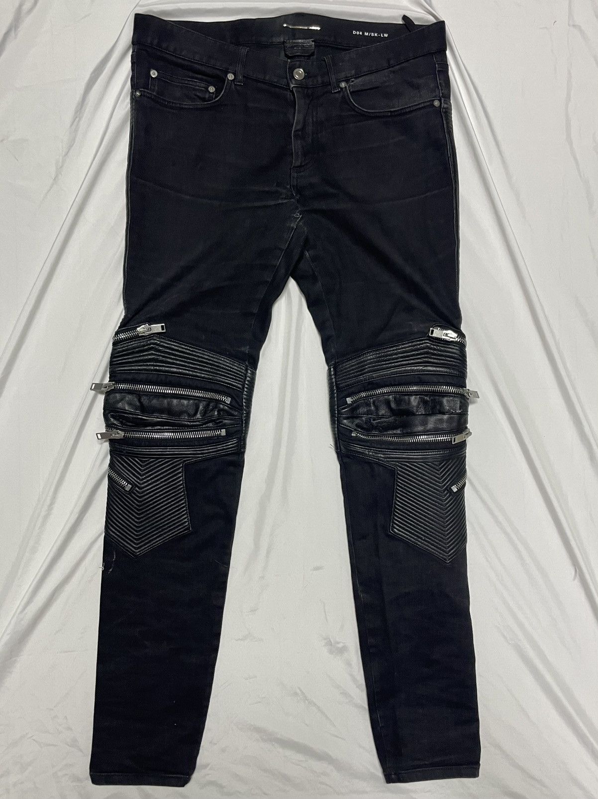 Saint Laurent Paris D04 Moto Zip Biker Denim Jeans with Leather