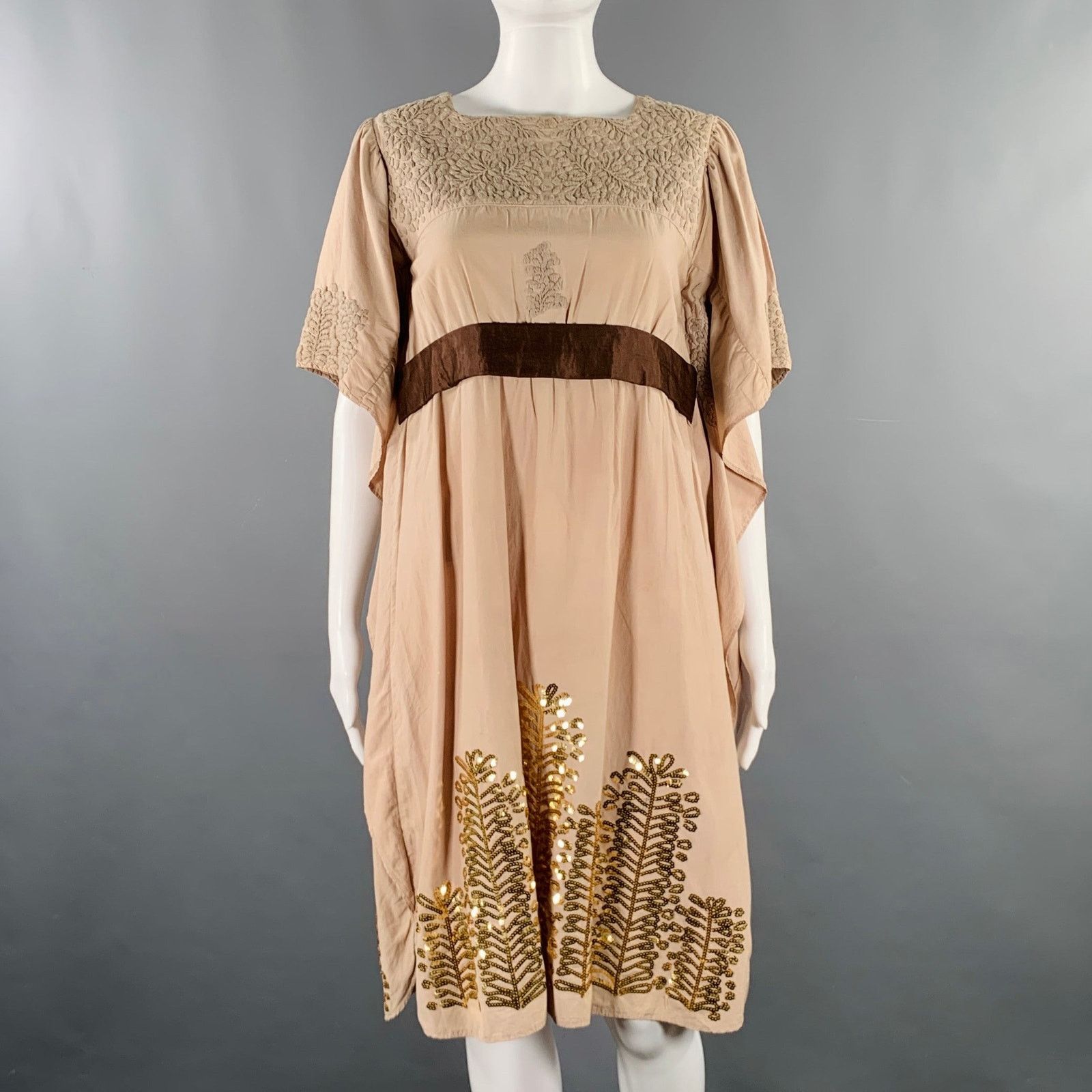 Cosmic Wonder Size S Khaki Beige Silk Cotton Embroidered Oversized Dress Size S / US 4 / IT 40 - 1 Thumbnail