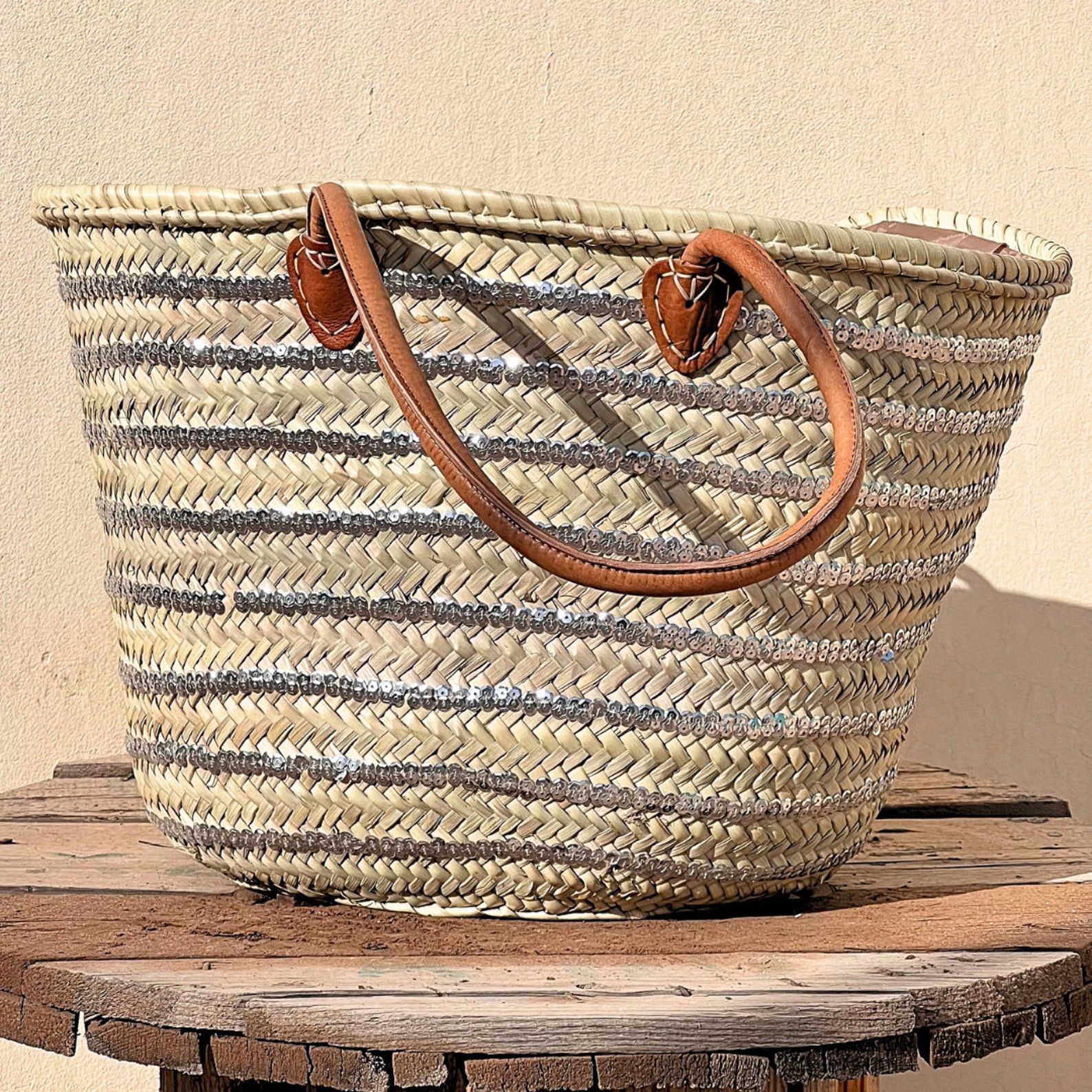 Handmade Handmade Moroccan Woven Straw Tote Bag with Leather Handles Size ONE SIZE - 2 Thumbnail