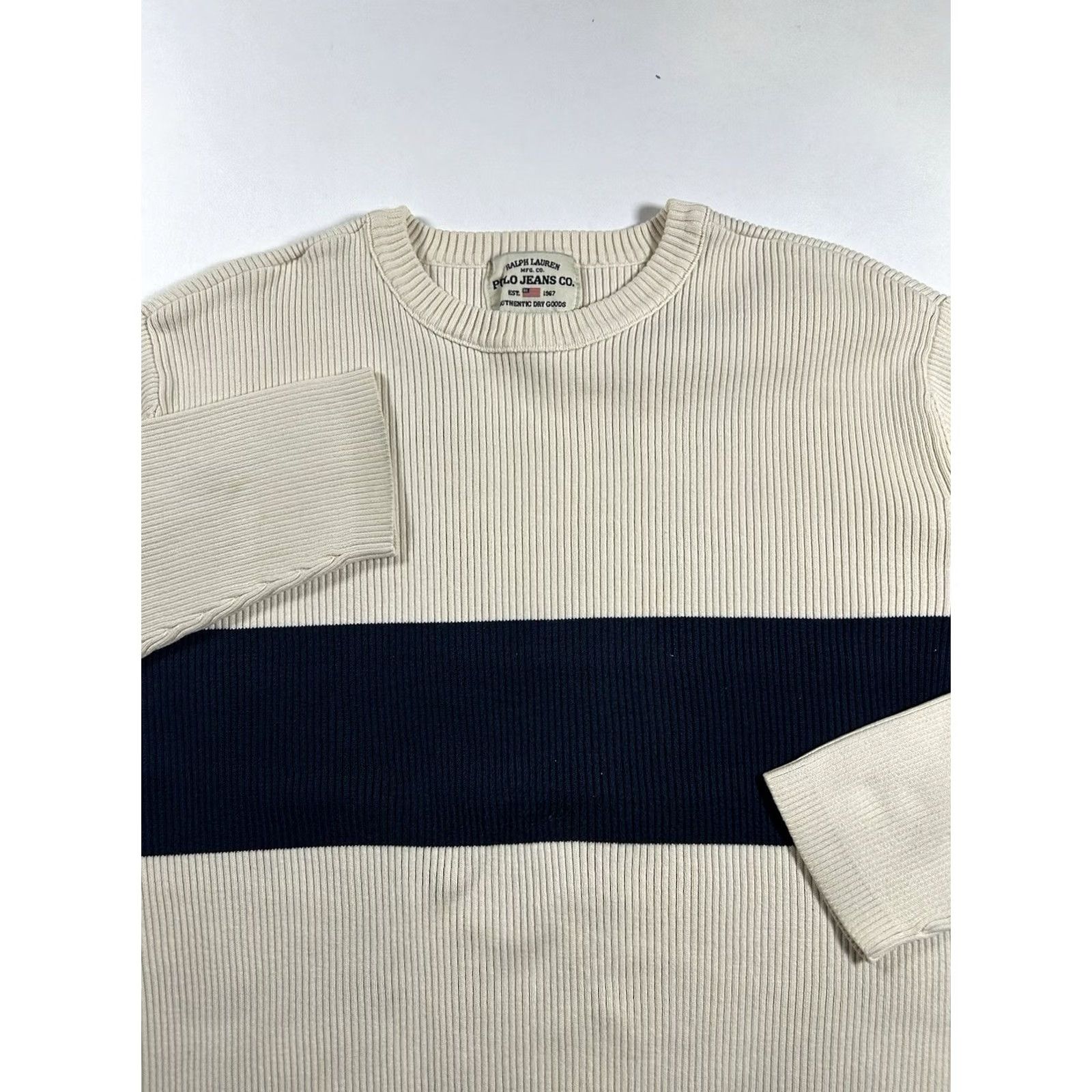 Ralph Lauren VINTAGE Polo Jeans Co Ralph Lauren Sweater Cream Navy Stripe Small Cotton Ribbed Size US S / EU 44-46 / 1 - 2 Thumbnail