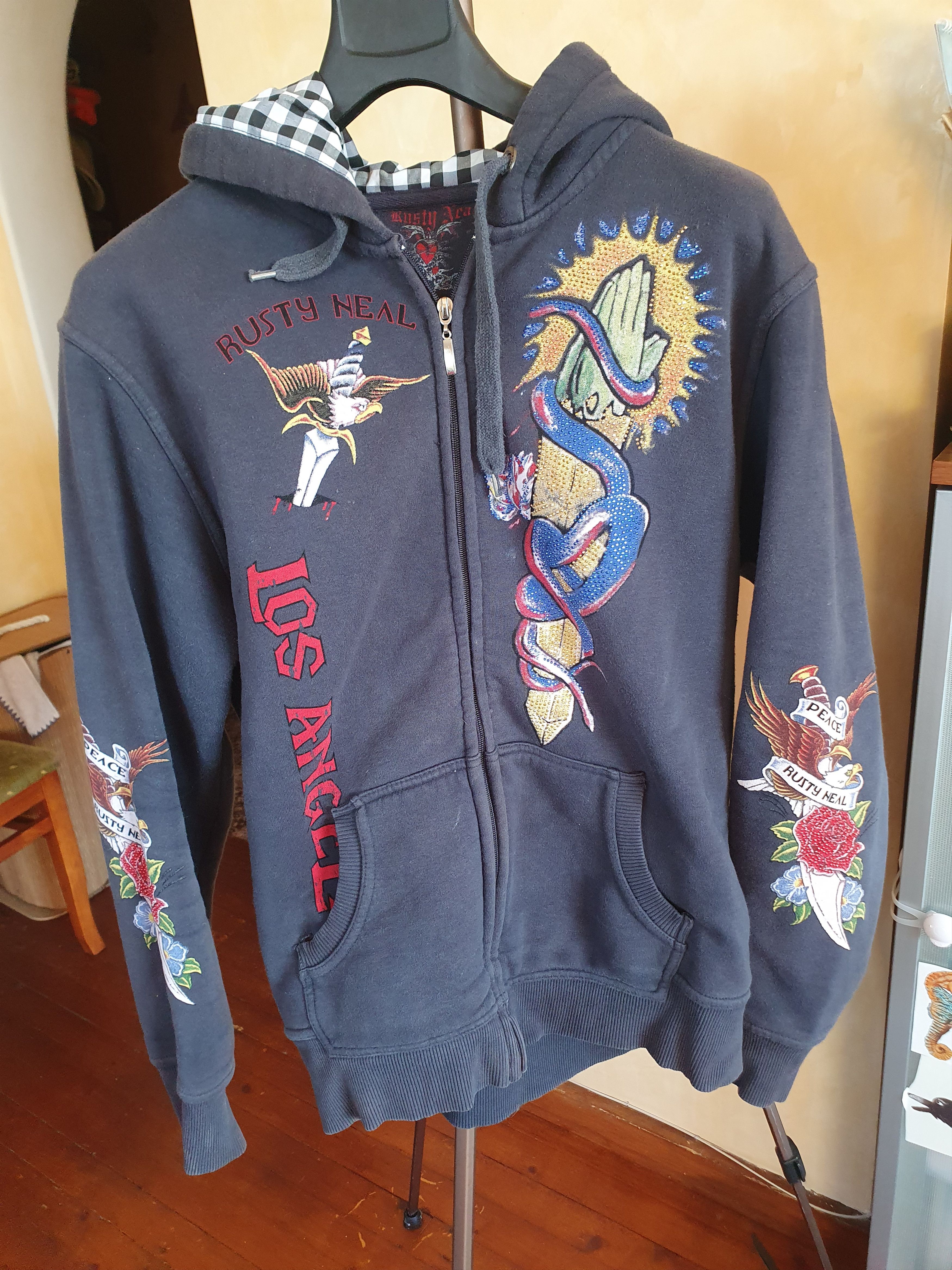 Vintage Rusty Neal LA Eagle Peace Rhinestones Hoodie Vintage Y2K Size US L / EU 52-54 / 3 - 3 Thumbnail