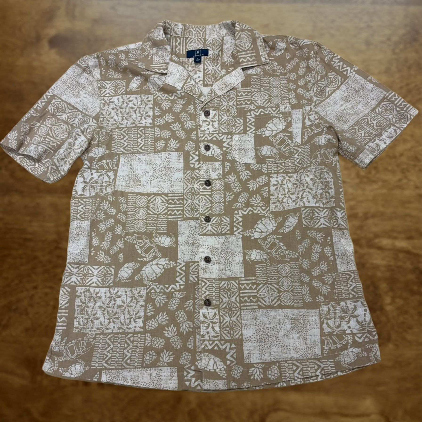 George George Shirt Mens Small Beige Hawaiian Turtle Print Short Sleeve Button Up Size US S / EU 44-46 / 1 - 1 Thumbnail
