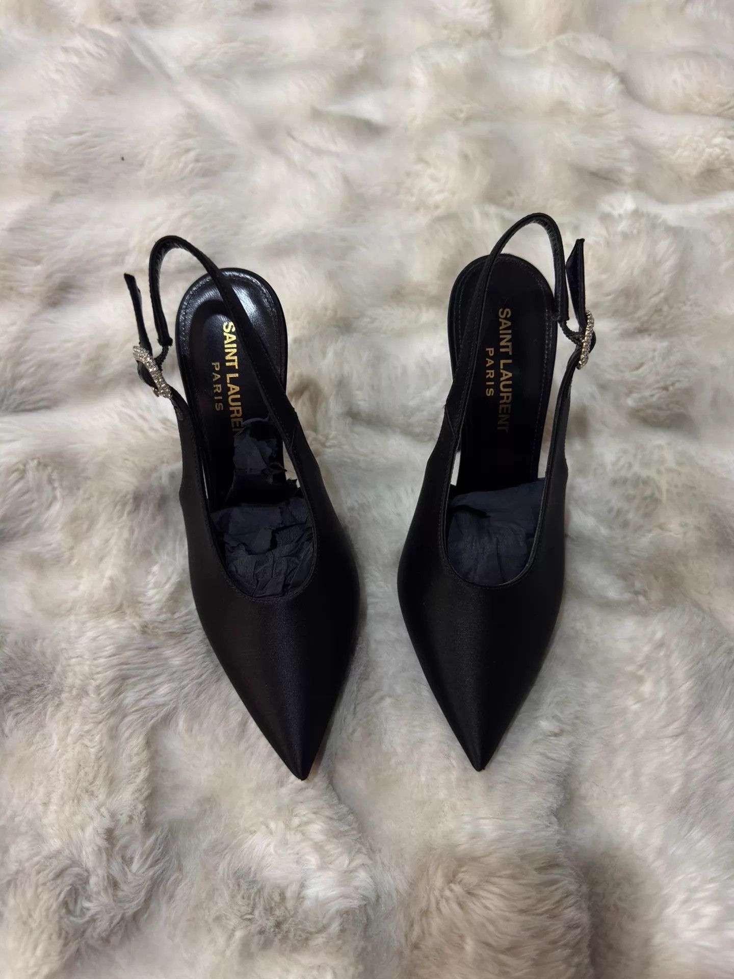 Saint Laurent Paris SLP Blk Crystal Satin Heels 35 New w/ Box & Dust Bag Size US 4.5 / IT 34.5 - 5 Thumbnail