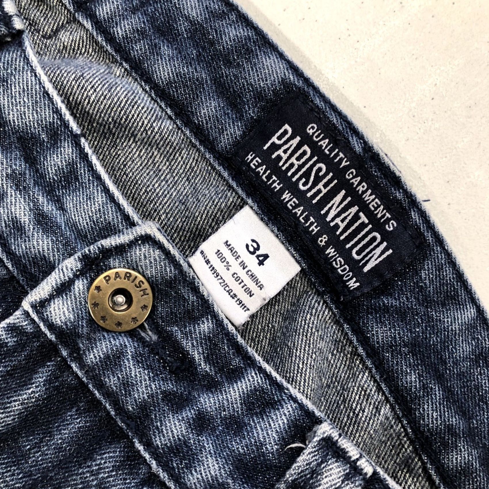 Denime Parish Nation Jeans Mens Size 36x30.5 Denim Distressed Patches Jeans Straight 5-Pocket 34 Tag Blue 100% Cotton Regular Size US 34 / EU 50 - 2 Thumbnail