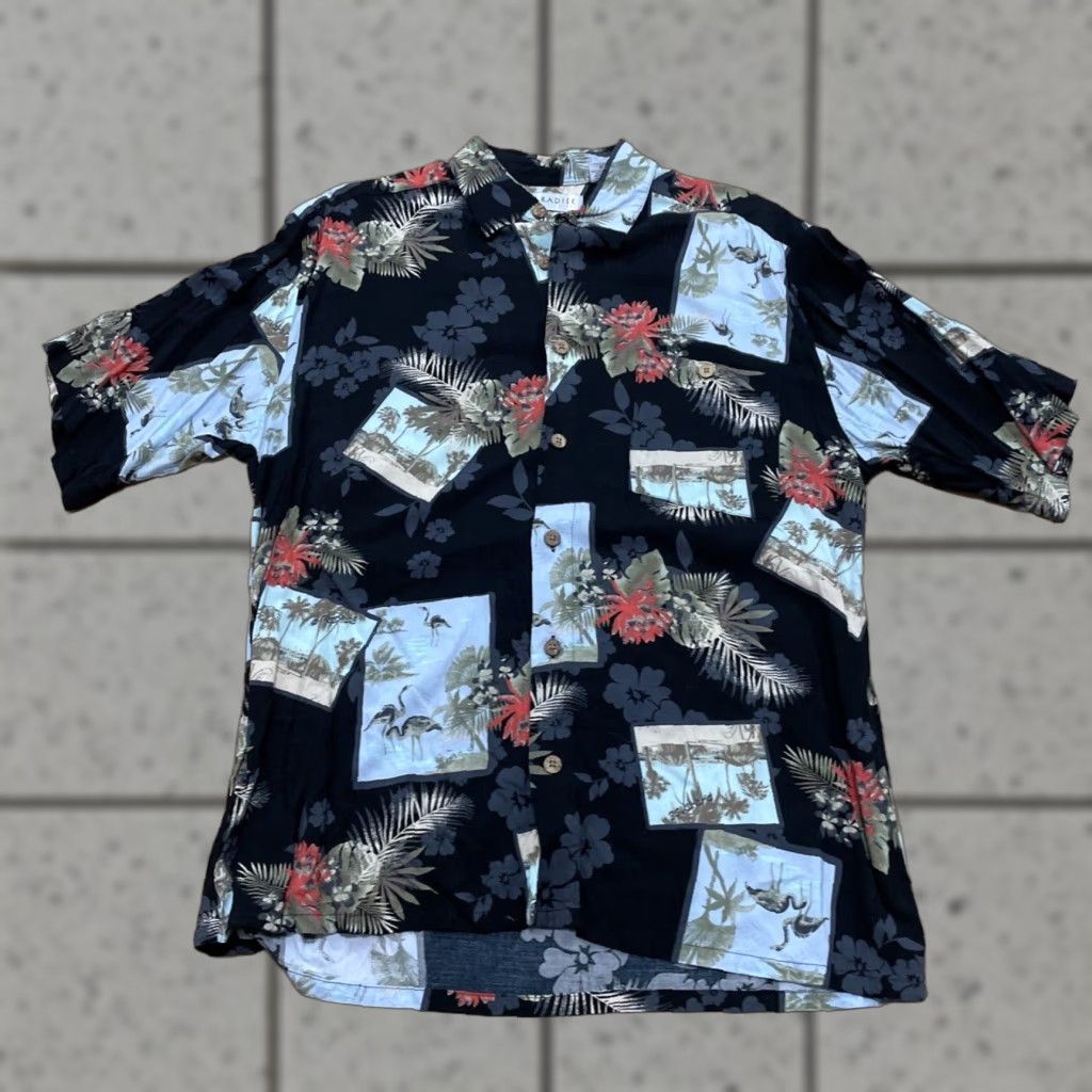 Paradise PARADISE AXIS Hawaiian Rayon Shirt Men L Floral Crane Stork Egret Button-Up, Short Sleeve, Multicolor, 100% Viscose, Casual Shirt Mens Size US L / EU 52-54 / 3 - 1 Thumbnail