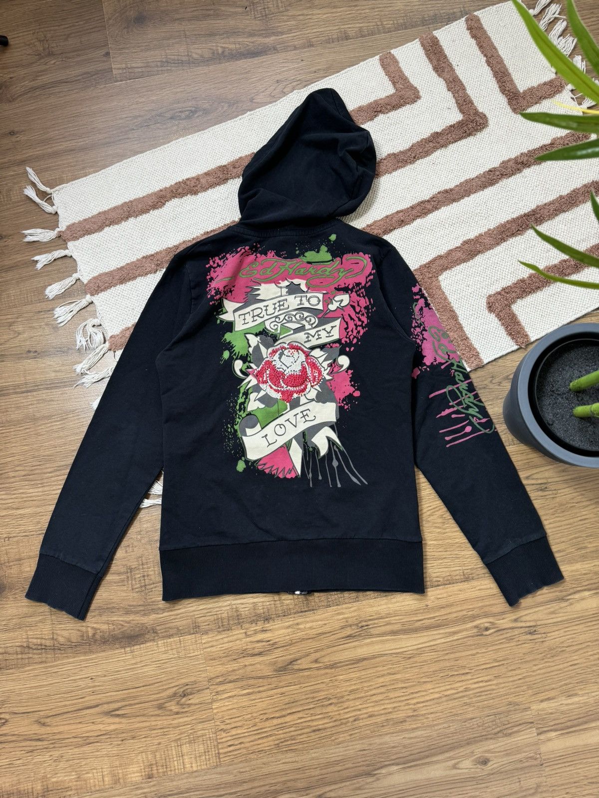 image of Christian Audigier x Ed Hardy Vintage Ed Hardy Printed 2000S Zip Up Hoodie in Black, Women's (Size 