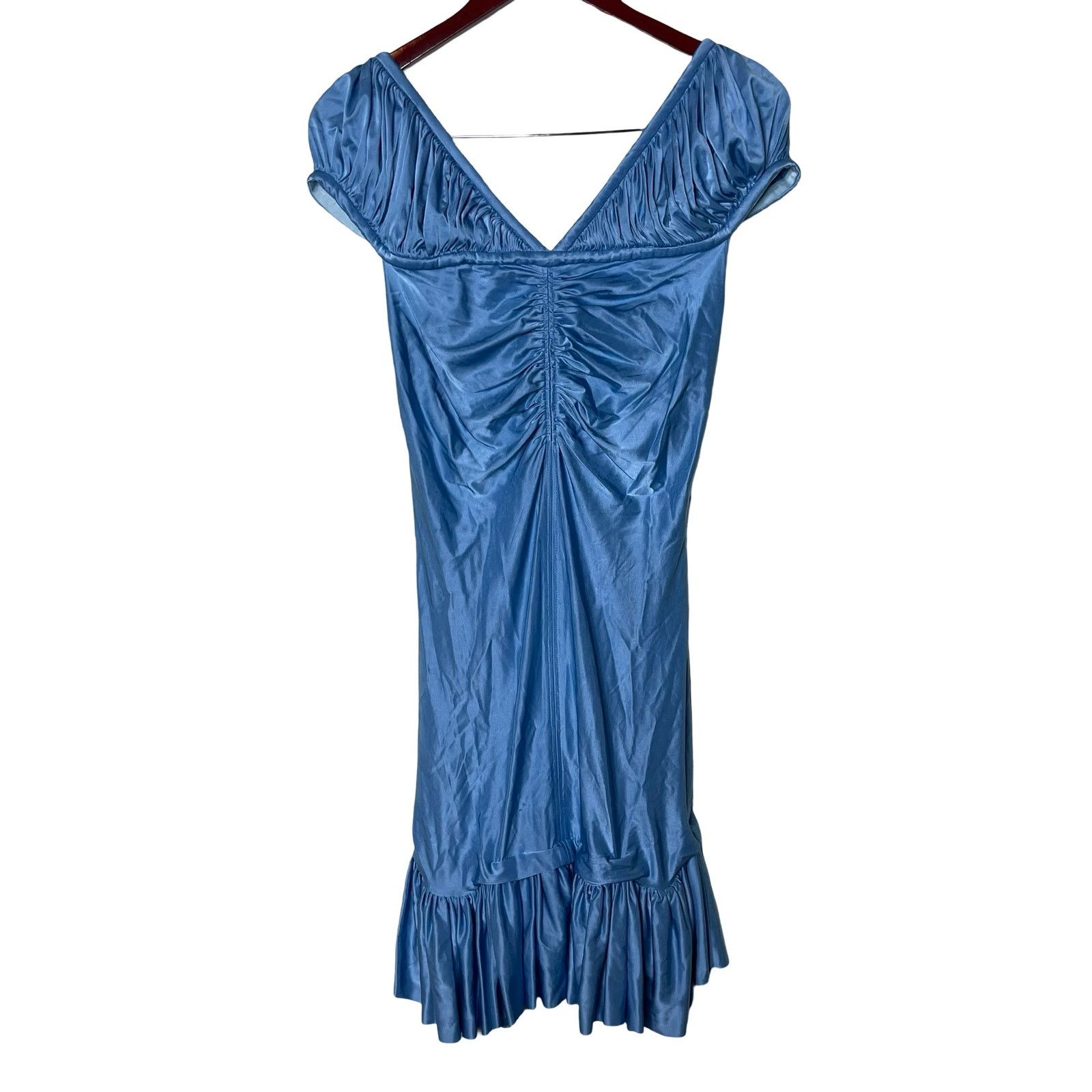Paco Rabanne Paco Rabanne Blue Metallic Puff Sleeve Ruffle Hem Mini Dress Size L / US 10 / IT 46 - 2 Thumbnail