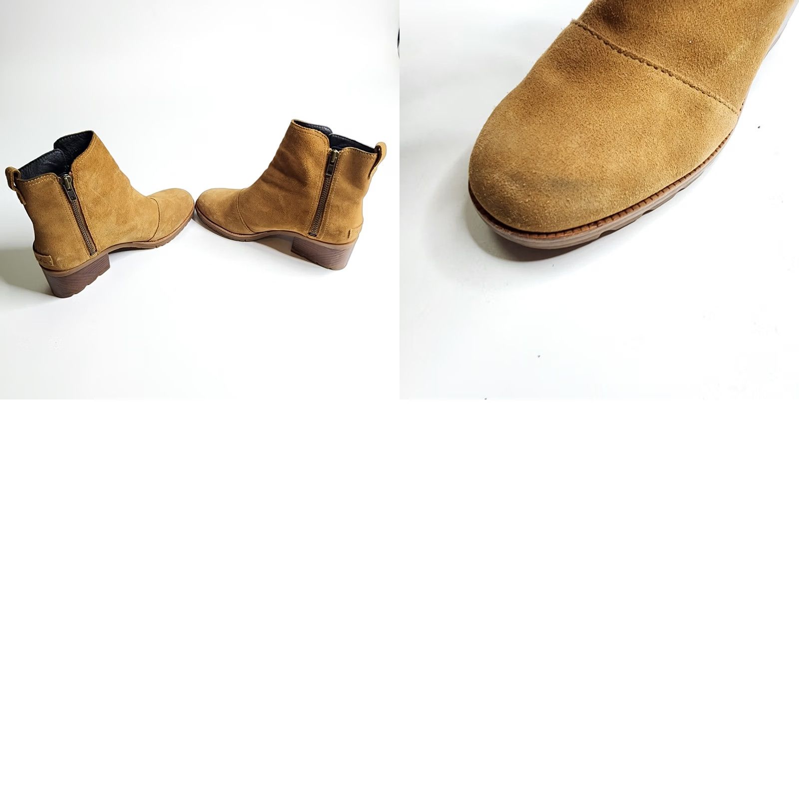 SOREL VINTAGE? No. Sorel Cate Waterproof Suede Block Heel Bootie Side Zip Camel Brown 7 Womens Ankle Boots Folded for 5.5" Shaft Height? Size US 7 / IT 37 - 8 Thumbnail