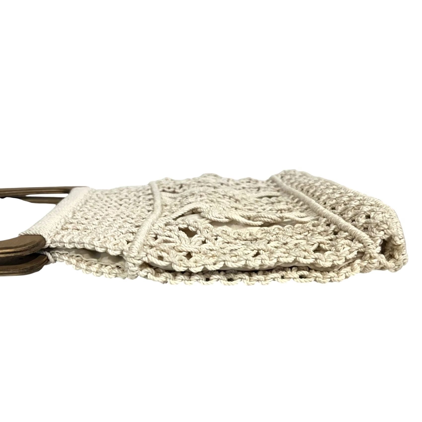 Vintage VINTAGE Macrame Crochet Purse Handbag Wood Handles Cream Ivory Cotton Handbag Womens Top Handle Bag Casual Party/Cocktail Brown Wood 10" wide 10" tall Size ONE SIZE - 5 Thumbnail