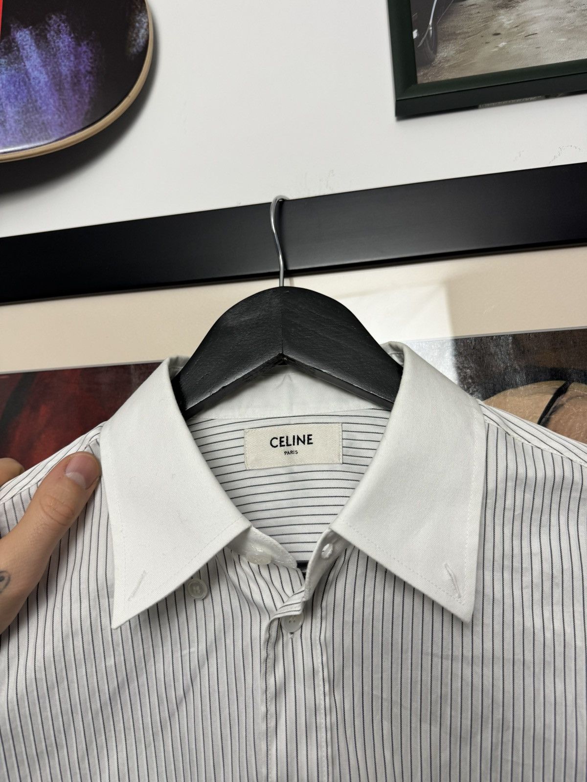 Celine Celine Button Up Triomphe Logo Cropped Boxy Stripes Shirt Size M / US 6-8 / IT 42-44 - 4 Thumbnail
