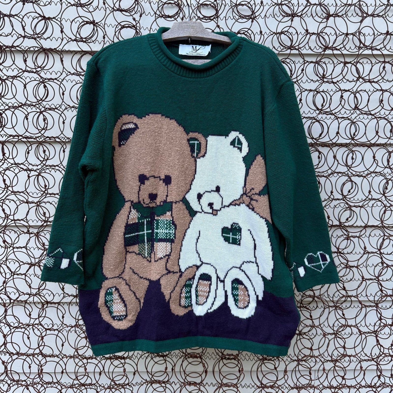Vintage 80s 90s Teddy Bear Sweater Green Plaid Crewneck XL?