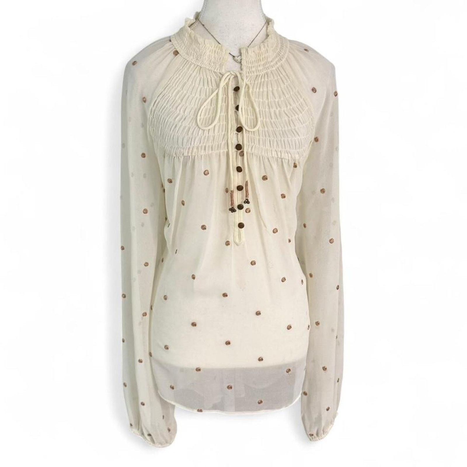 Free People Free People Ready to Run Dot Smocked Blouse Top Cream Sheer Size L / US 10 / IT 46 - 1 Thumbnail
