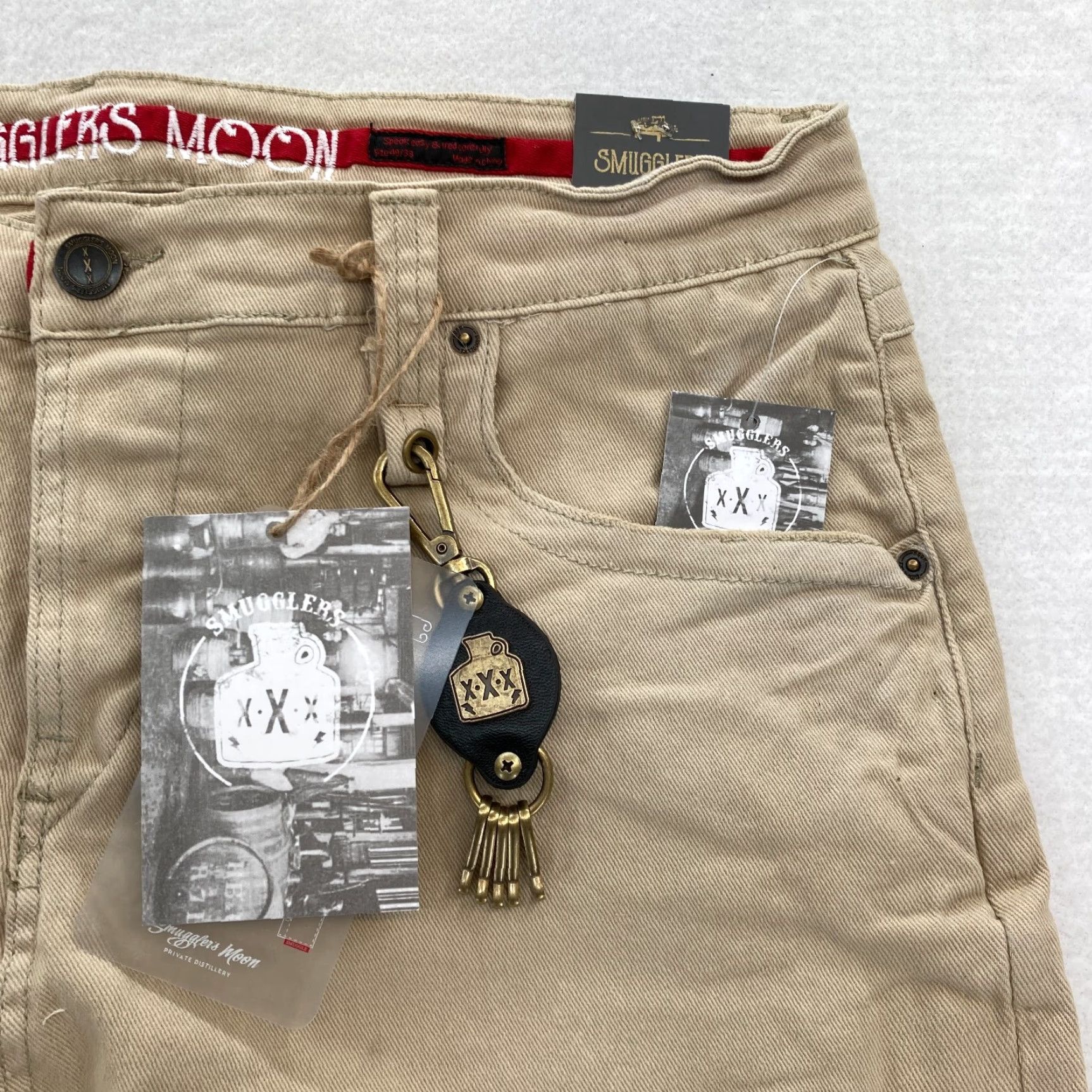Denime Smugglers Moon Jeans Mens 40x33 Khaki Beige Denim Button Fly Roll Up Distressed Size US 40 / EU 56 - 5 Thumbnail